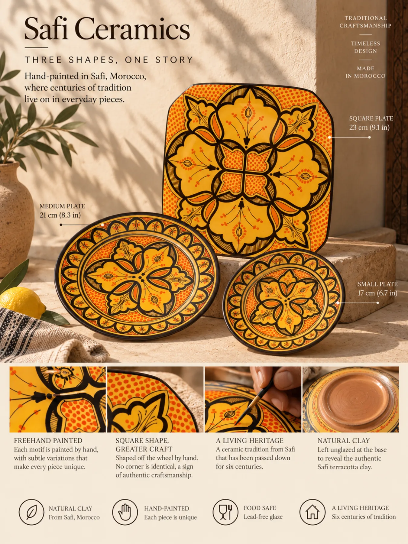 Hand-Painted Safi Ceramic Plate Set, Square & Round