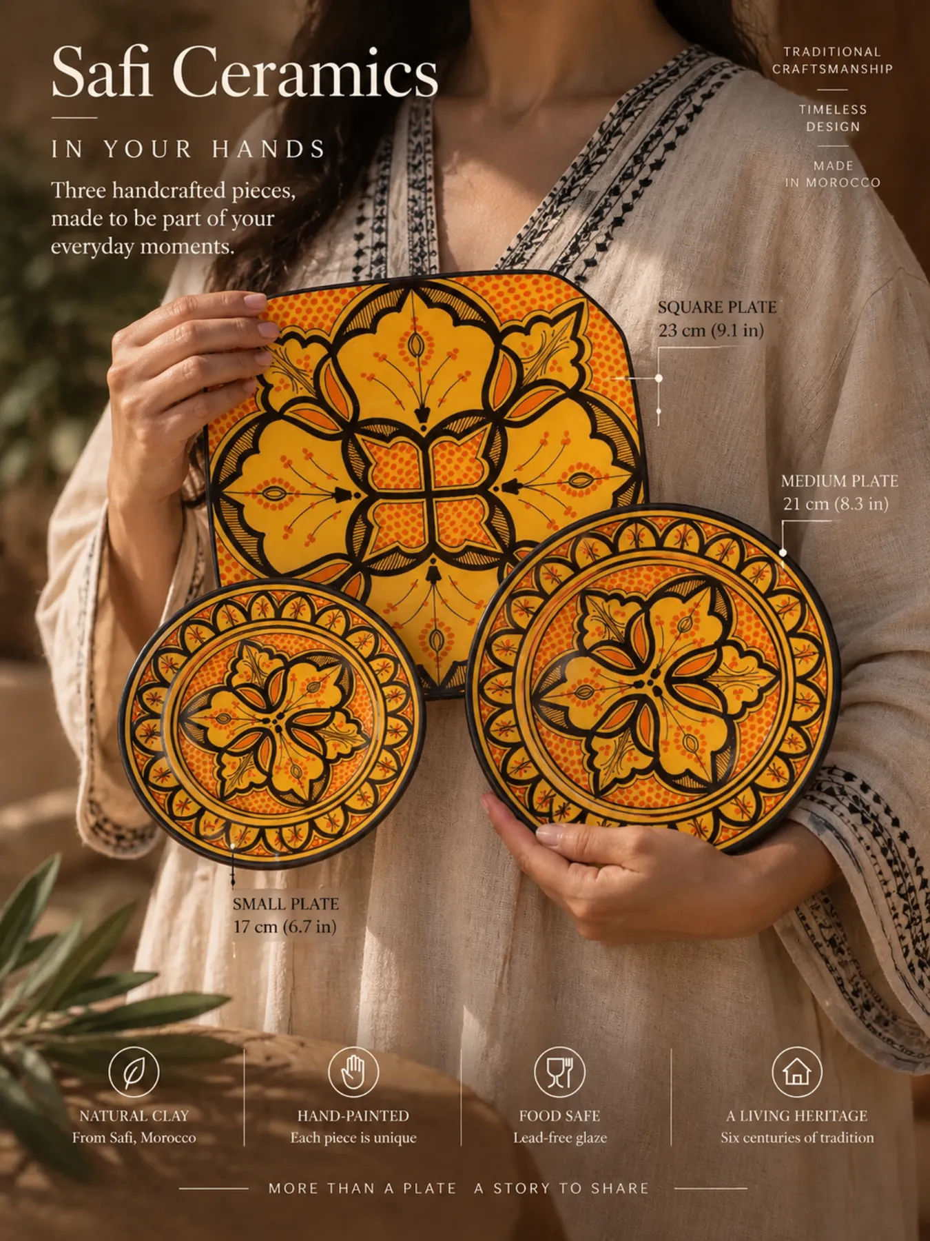Hand-Painted Safi Ceramic Plate Set, Square & Round, view 7