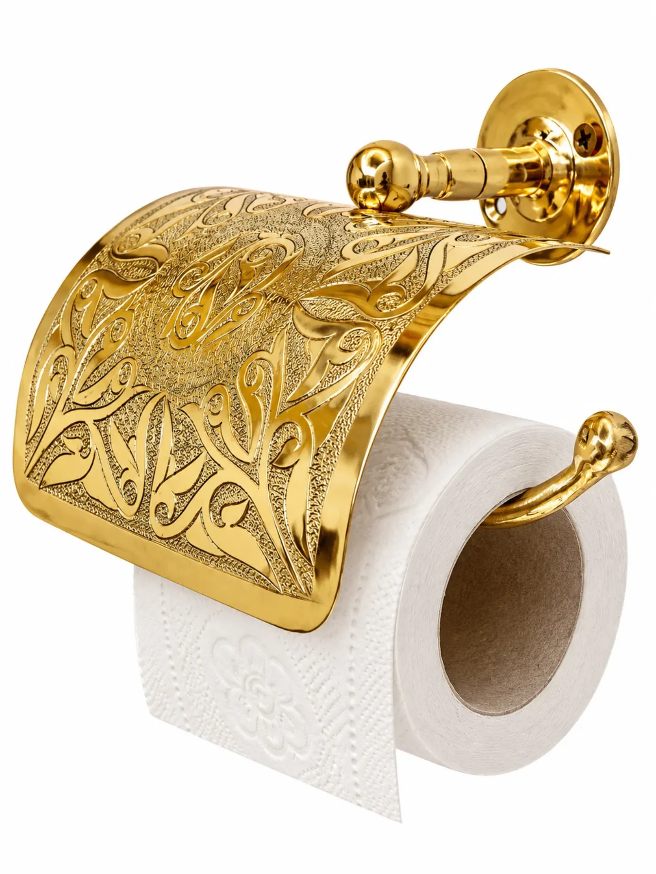 Handcrafted Moroccan Brass Toilet Paper Holder, Engraved Wall-Mounted Bathroom Accessory