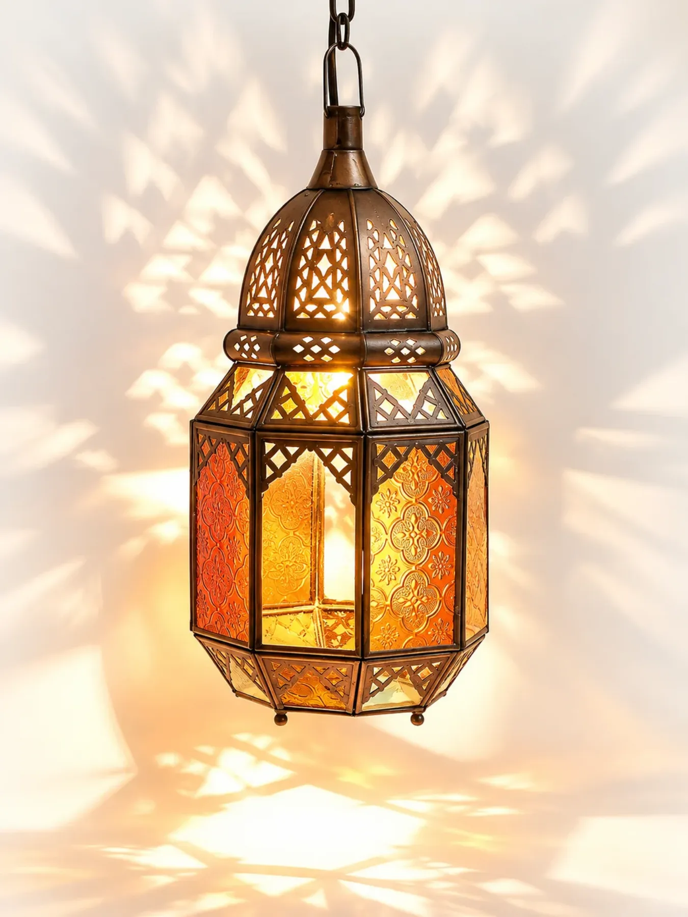 Handcrafted Moroccan Glass Lantern, Engraved Brass Marrakech Lantern