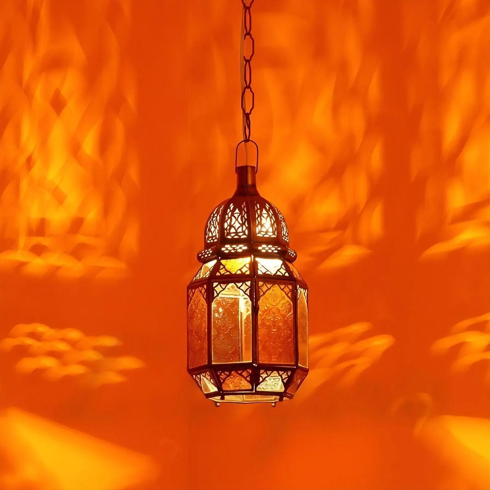 Amber Glass Lantern with Engraved Brass — view 2