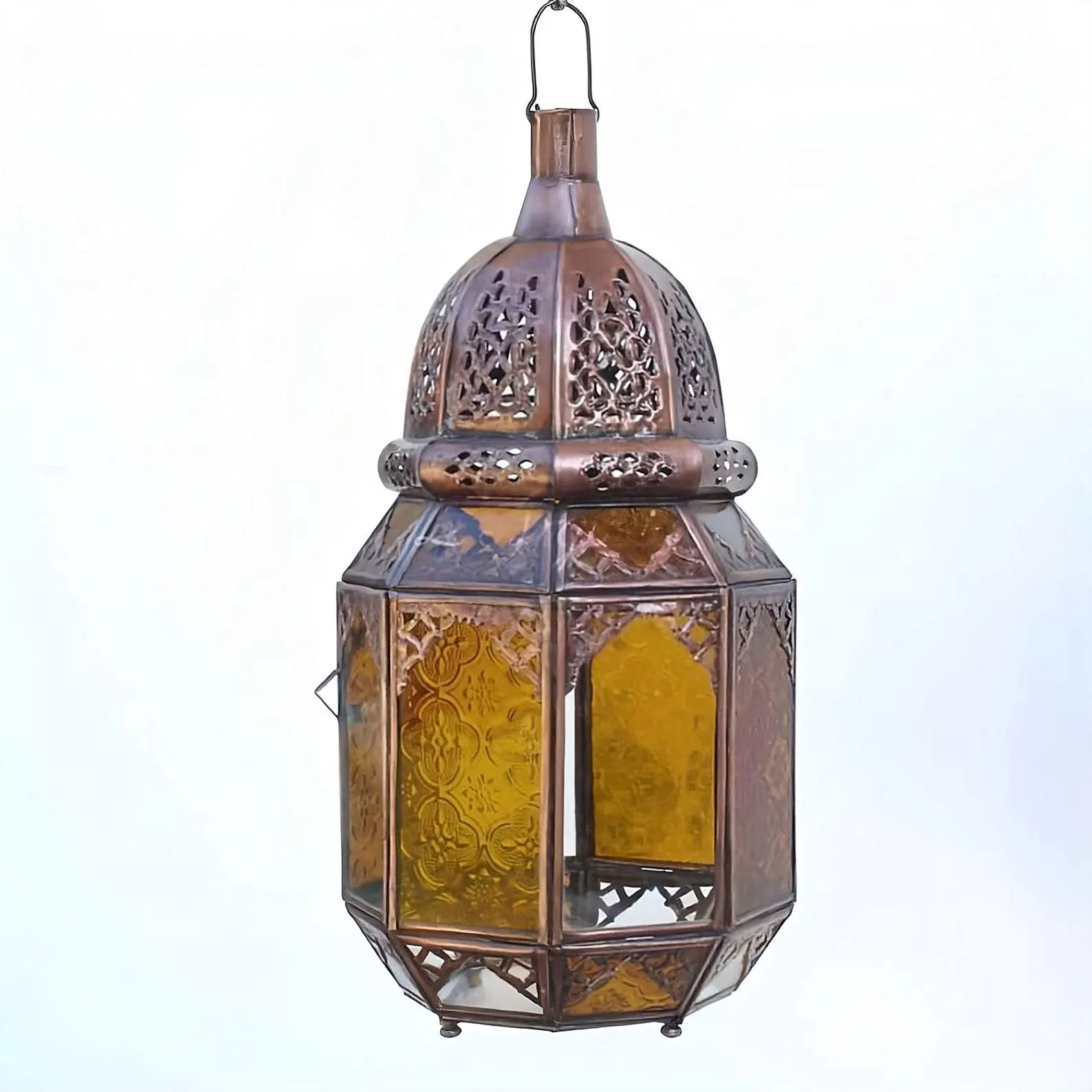 Amber Glass Lantern with Engraved Brass — view 3