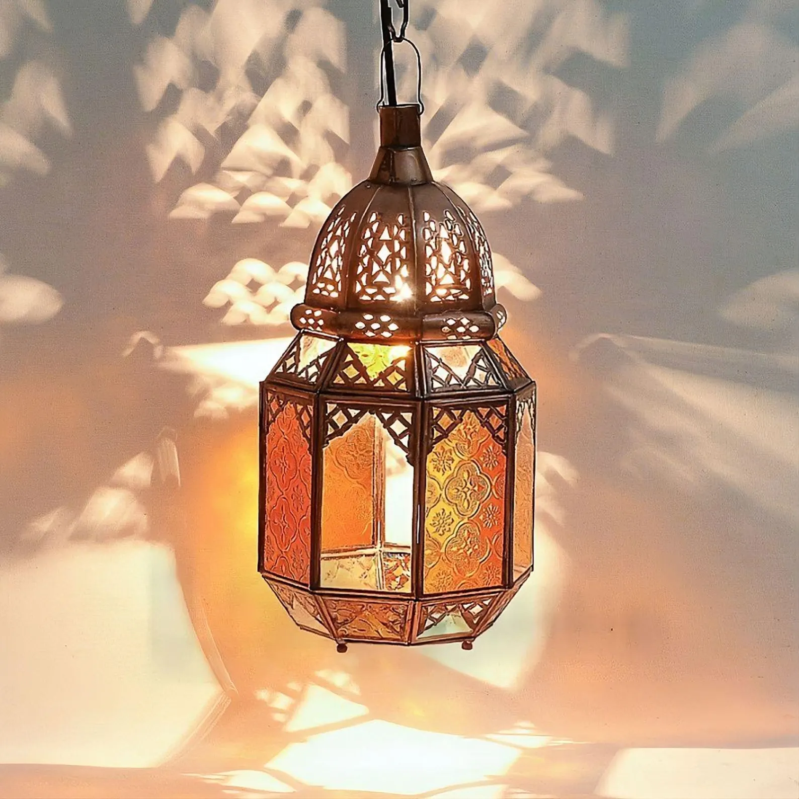 Amber Glass Lantern with Engraved Brass — view 4