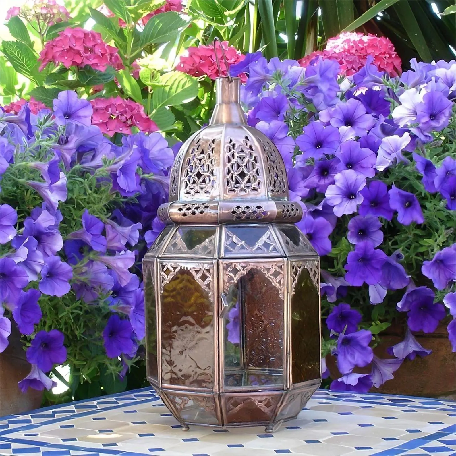 Amber Glass Lantern with Engraved Brass — view 6