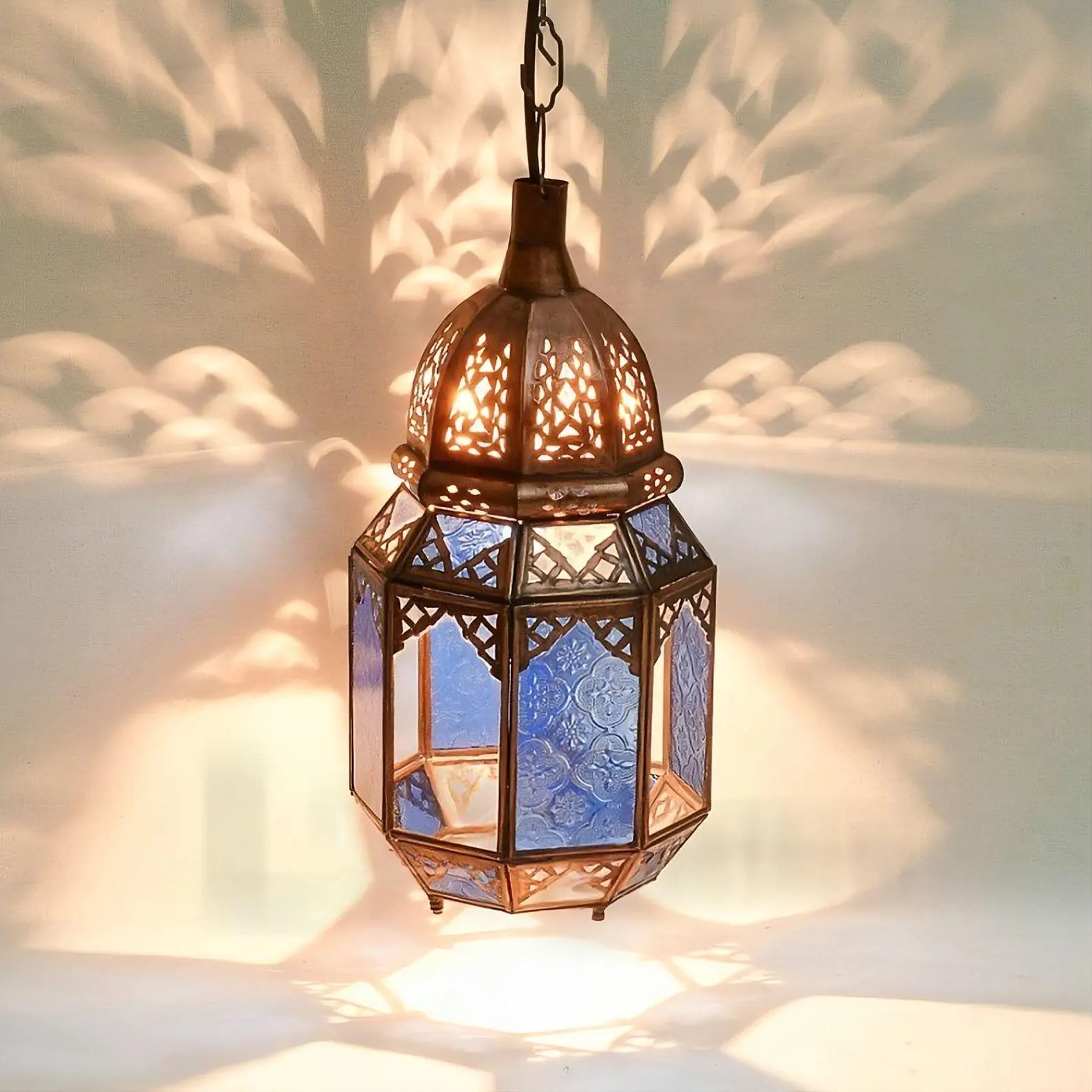 Amber Glass Lantern with Engraved Brass — view 7
