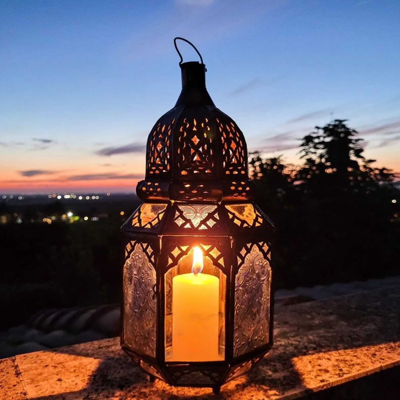 Amber Glass Lantern with Engraved Brass — view 9