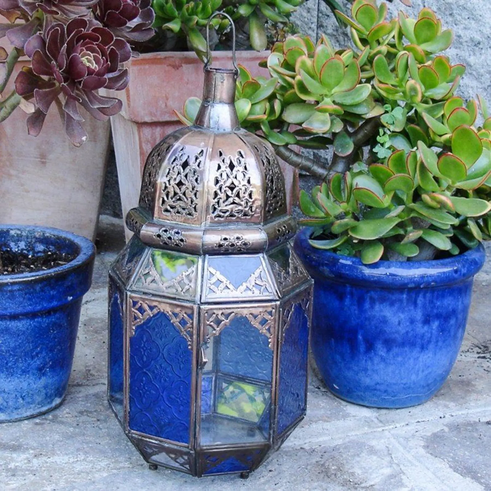 Amber Glass Lantern with Engraved Brass