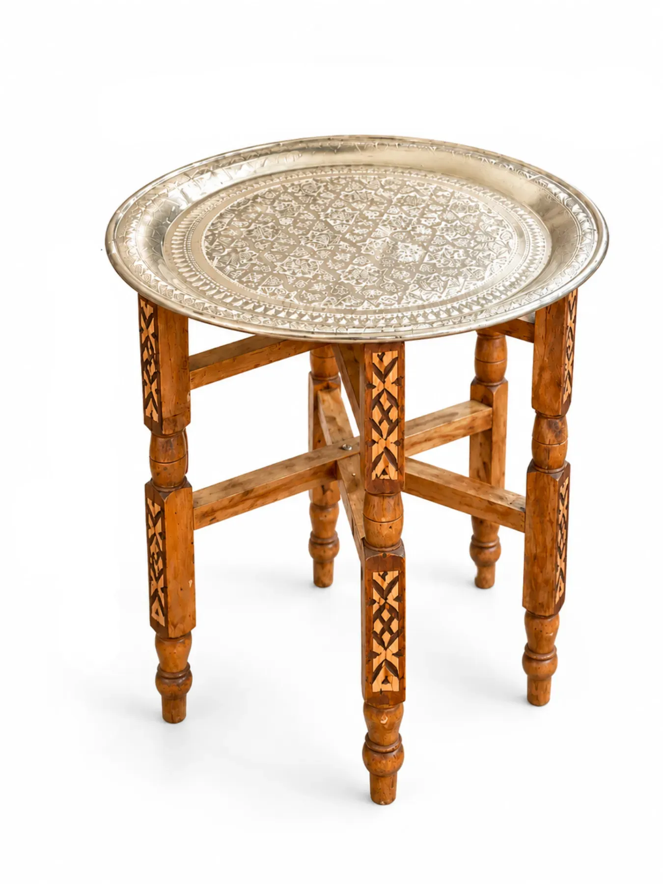 Handcrafted Moroccan Brass Tray Table with Carved Cedar Wood Folding Legs