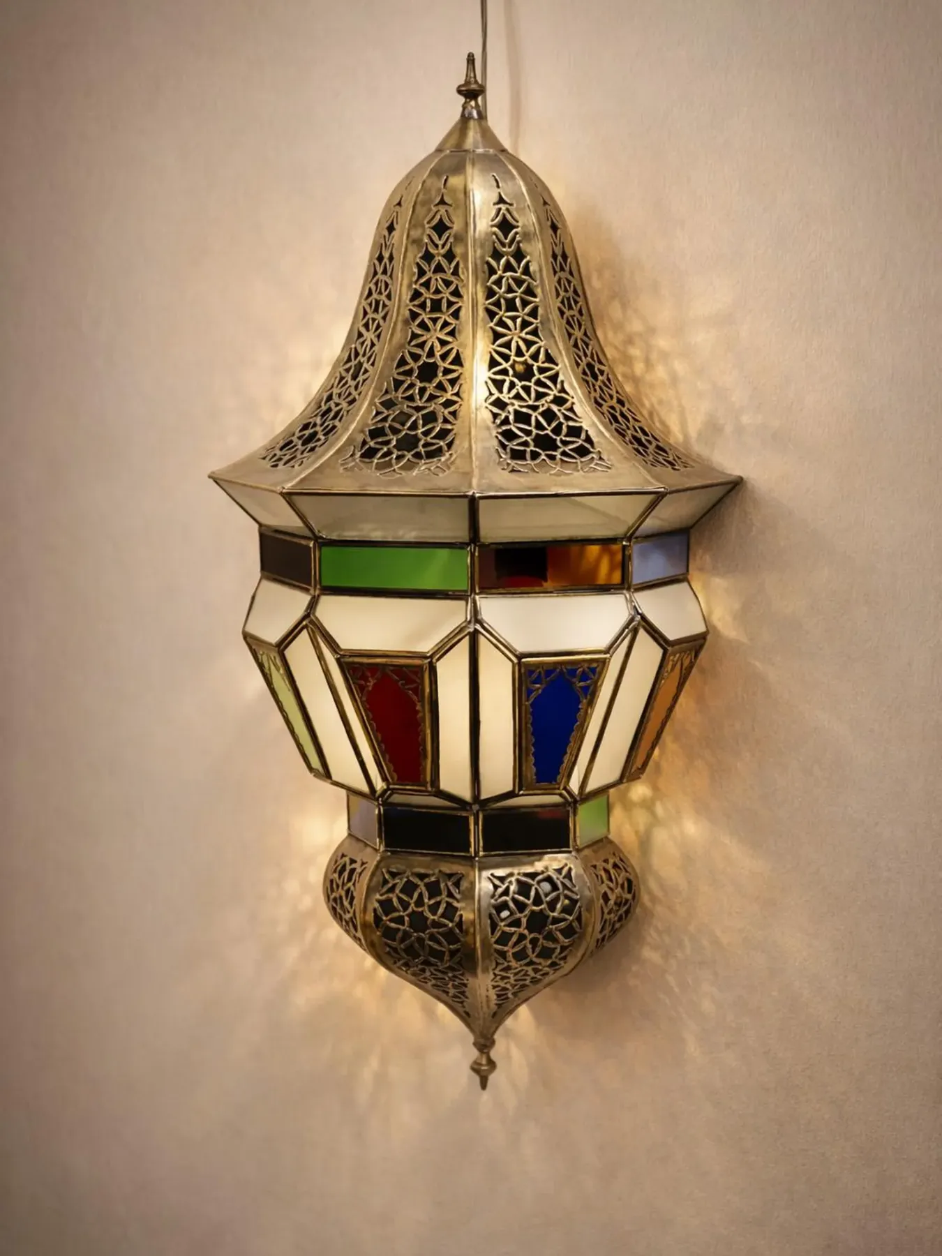 Handcrafted Moroccan Brass Wall Sconce, Custom Glass