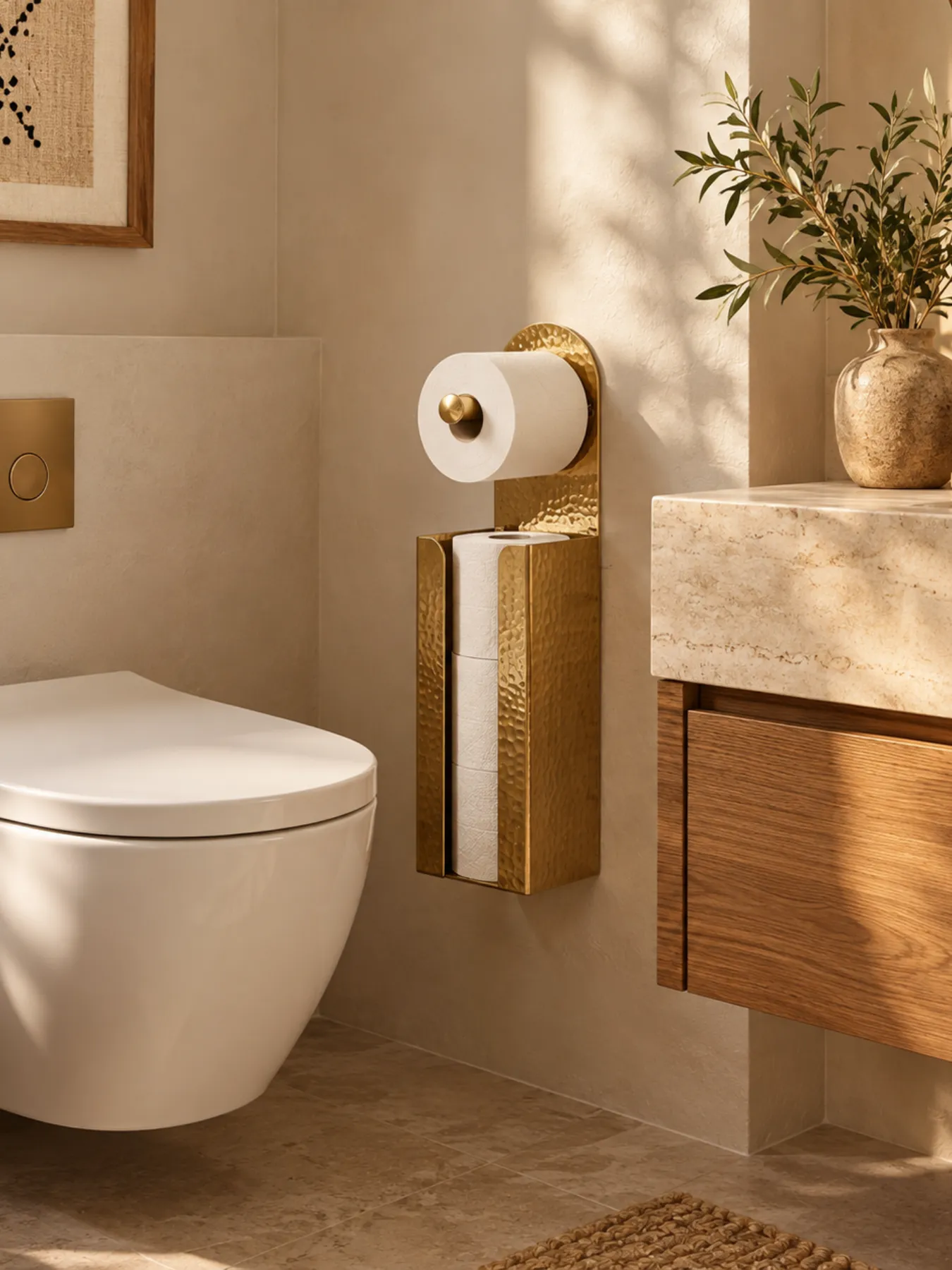 Handcrafted Moroccan Hammered Brass Toilet Paper Holder with Storage