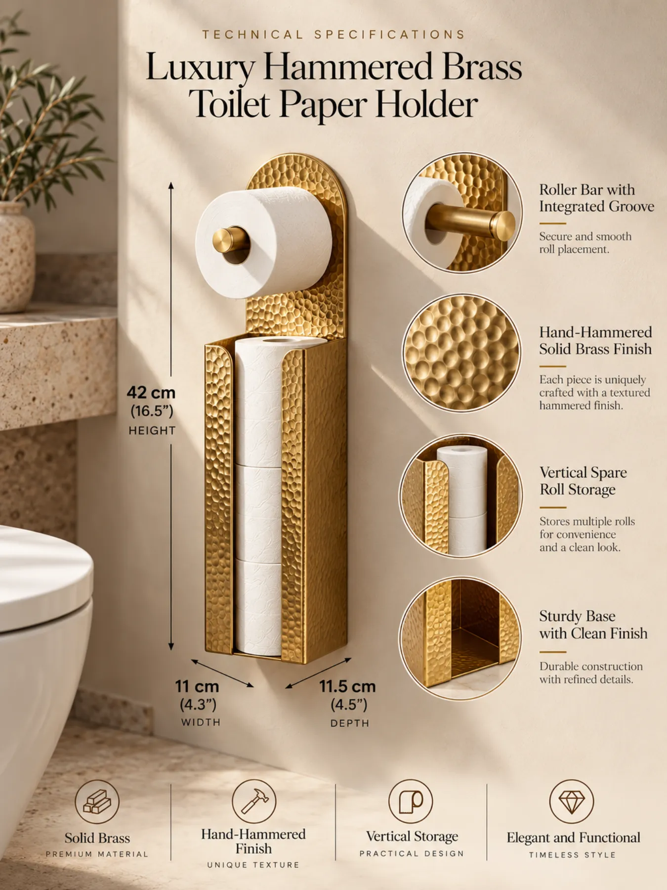 Handcrafted Moroccan Hammered Brass Toilet Paper Holder with Storage