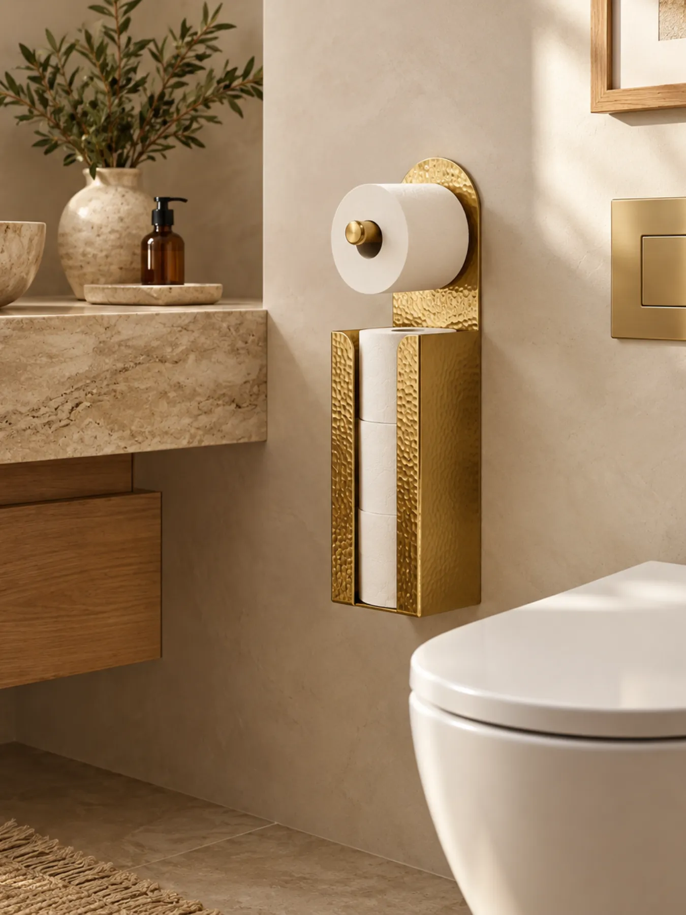 Handcrafted Moroccan Hammered Brass Toilet Paper Holder with Storage