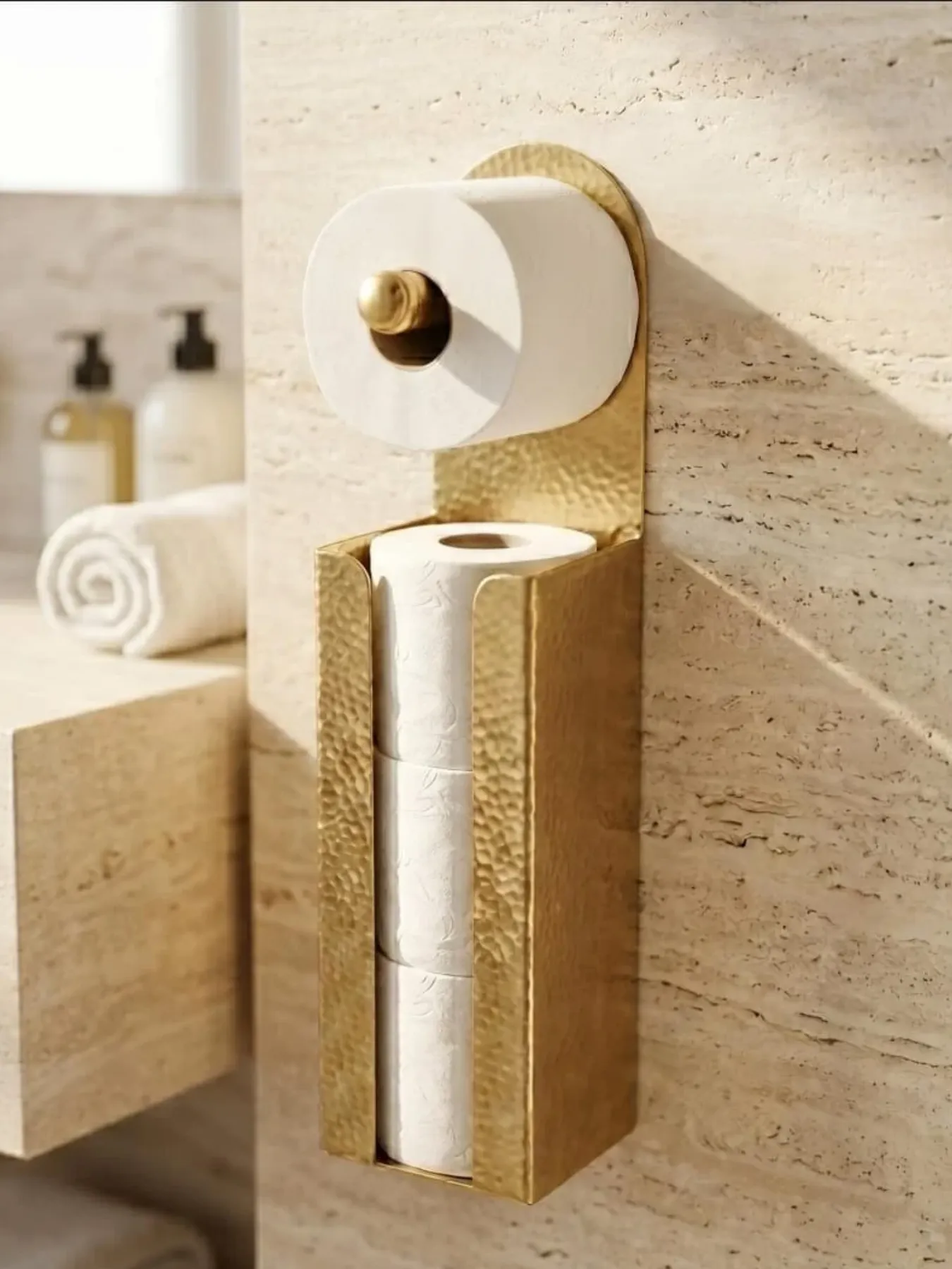 Handcrafted Moroccan Hammered Brass Toilet Paper Holder with Storage