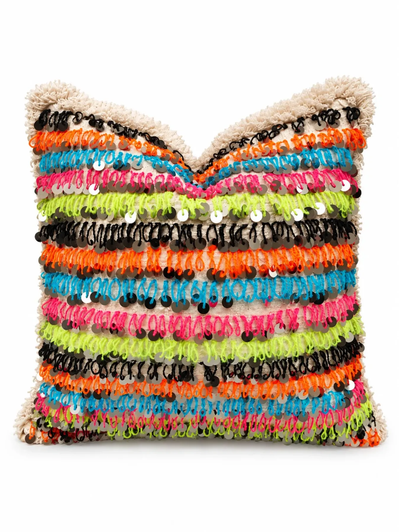 Moroccan Handira Pillow Cover, Handwoven Wool Cushion with Colorful Sequins & Tassels