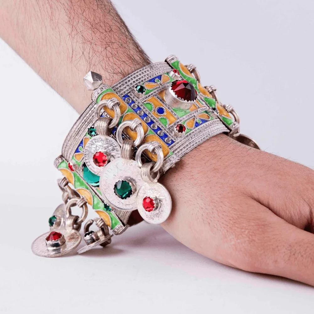 Enameled White Metal Berber Cuff Bracelet — view 3
