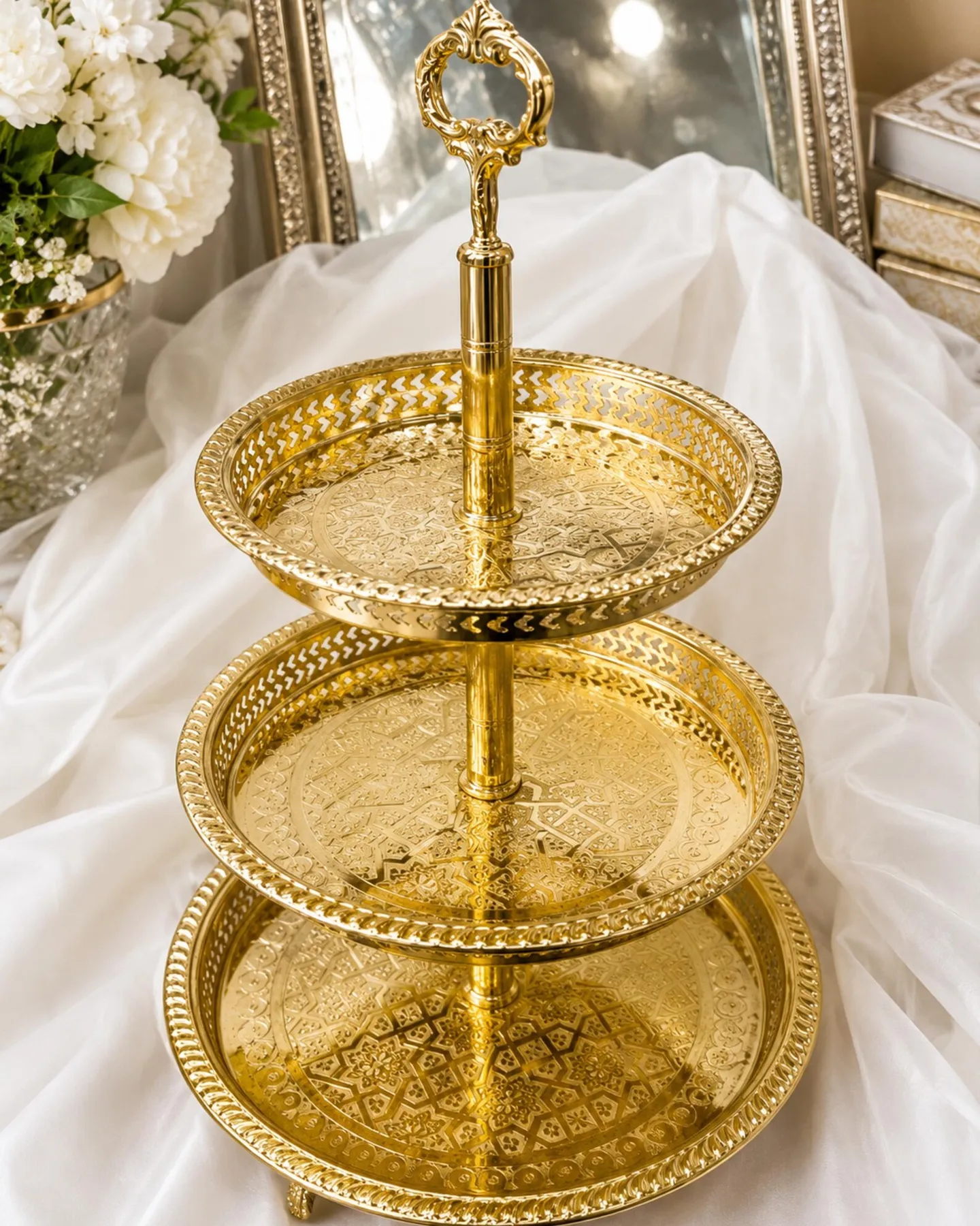 Marrakech Engraved Brass Three-Tier Tower Stand — view 2