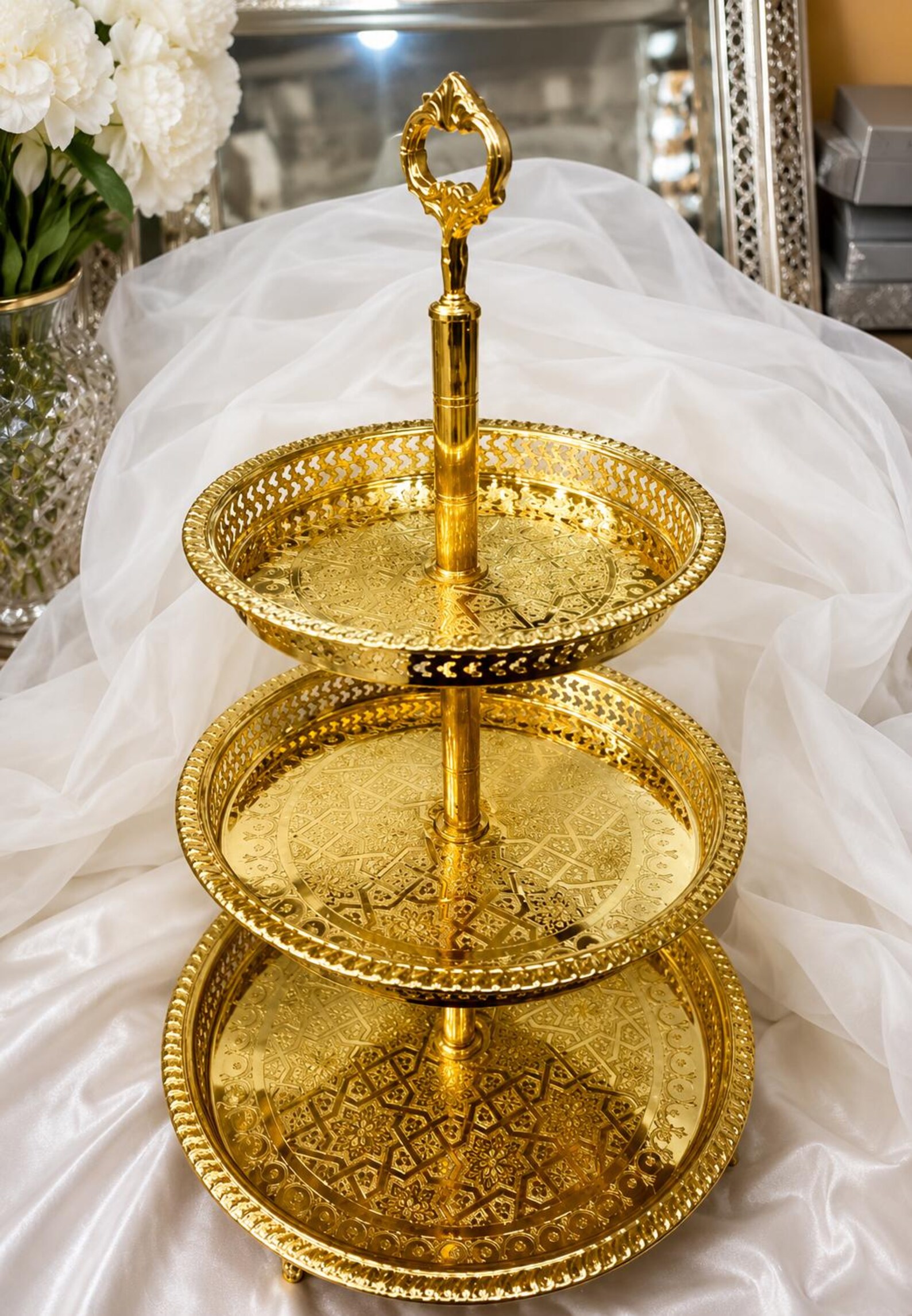 Marrakech Engraved Brass Three-Tier Tower Stand — view 4