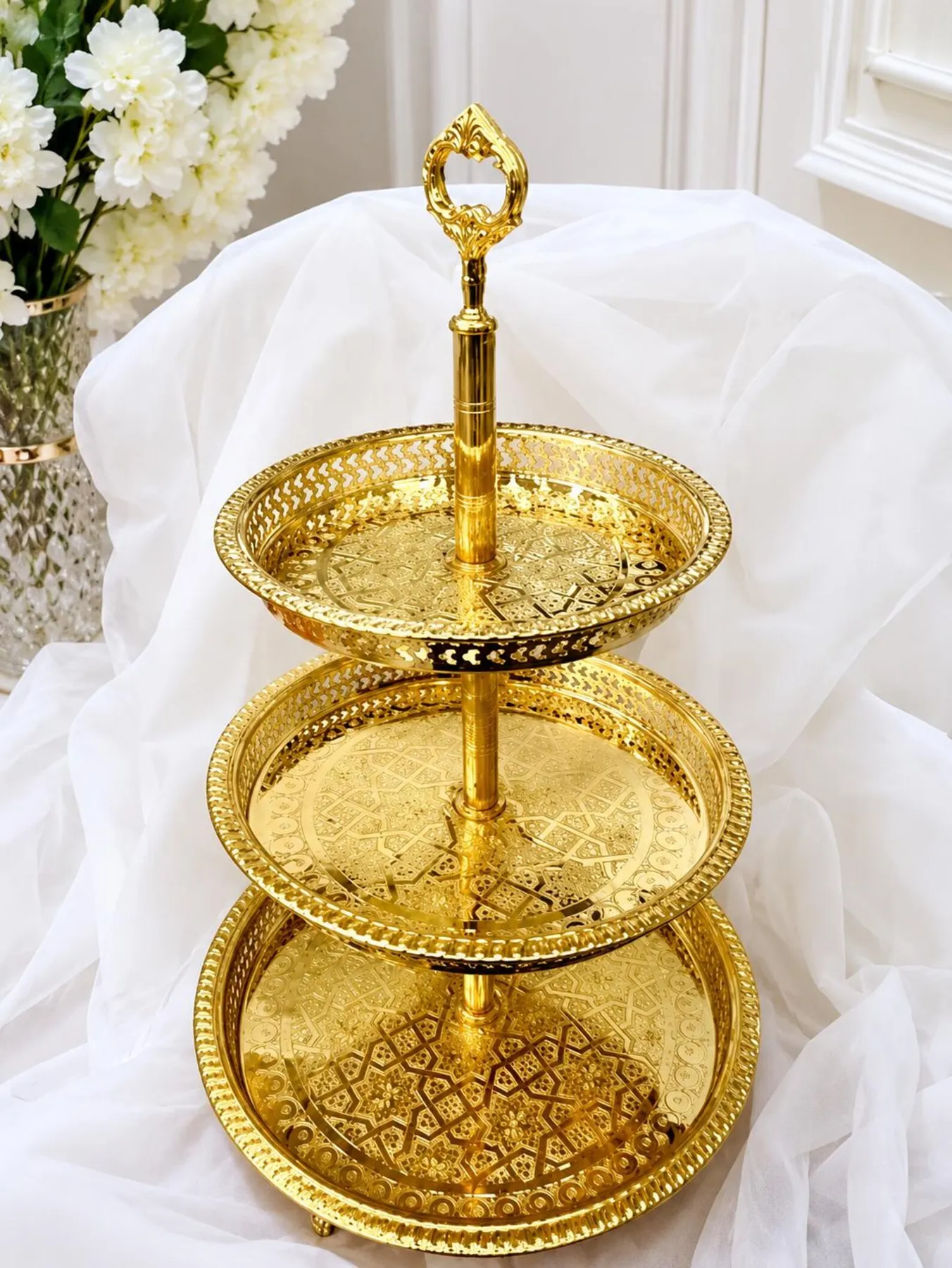 Marrakech Engraved Brass Three-Tier Tower Stand — view 5