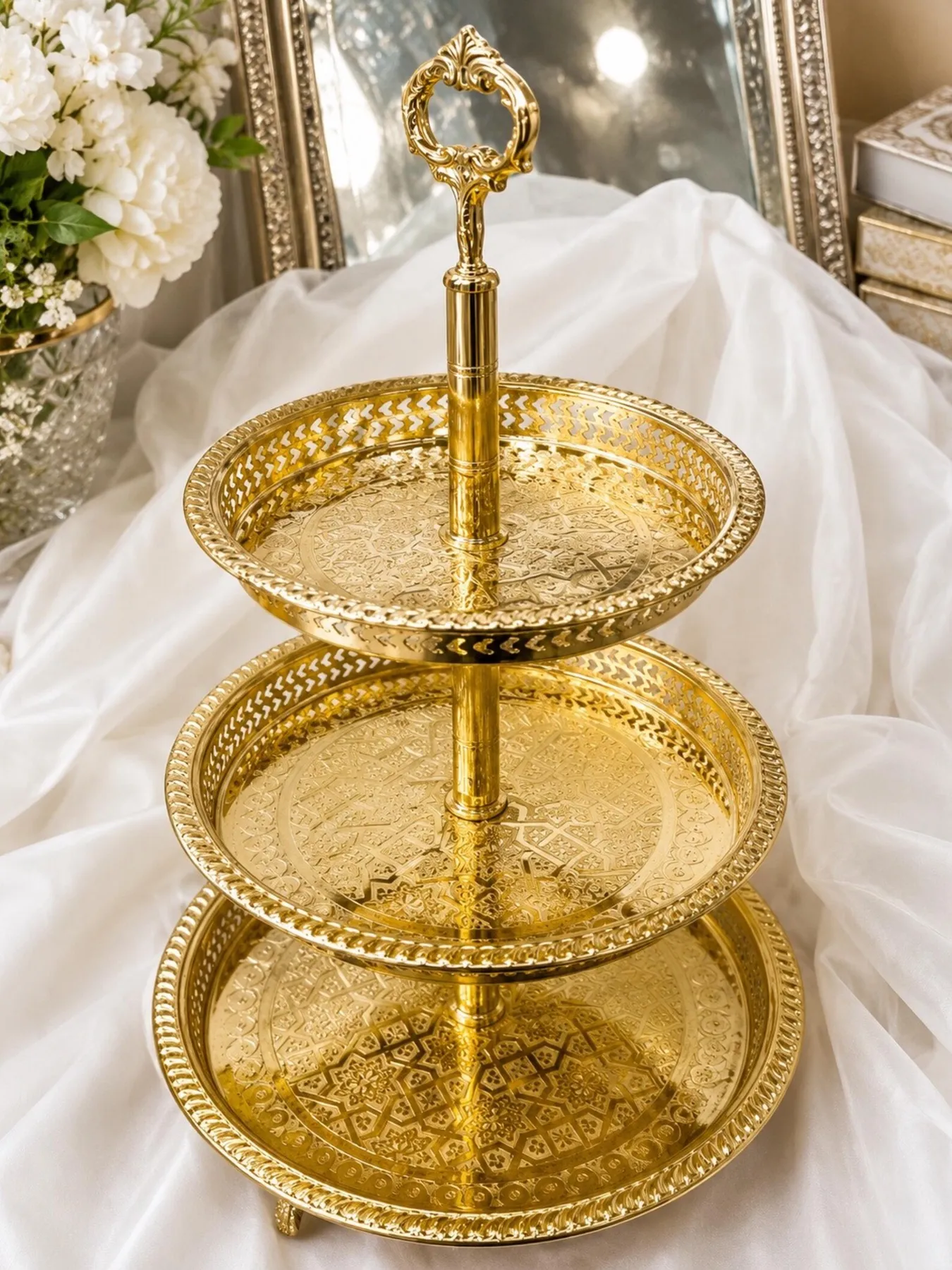 Marrakech Engraved Brass Three-Tier Tower Stand — view 6