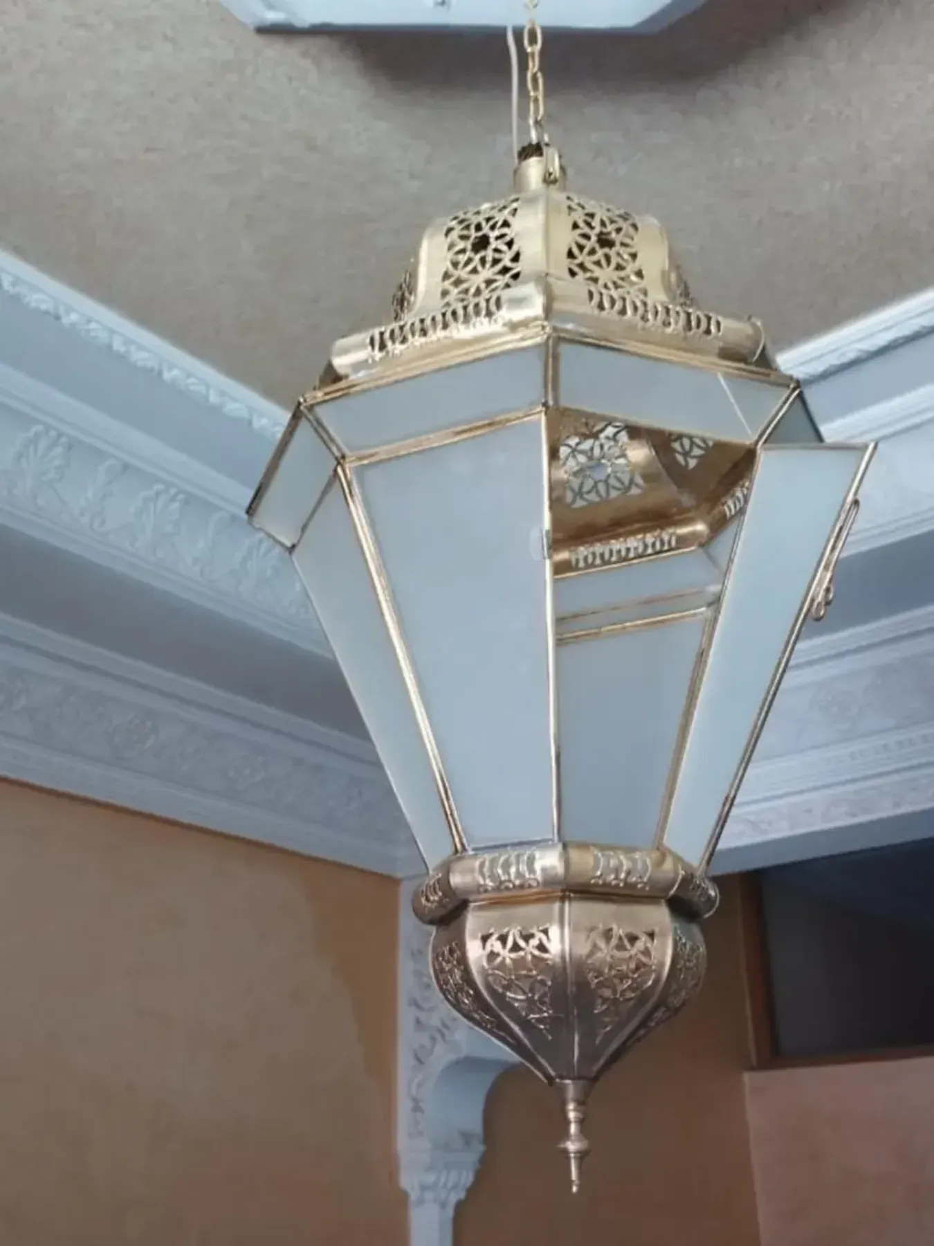 Handmade Moroccan Brass Pendant Light with Frosted Glass