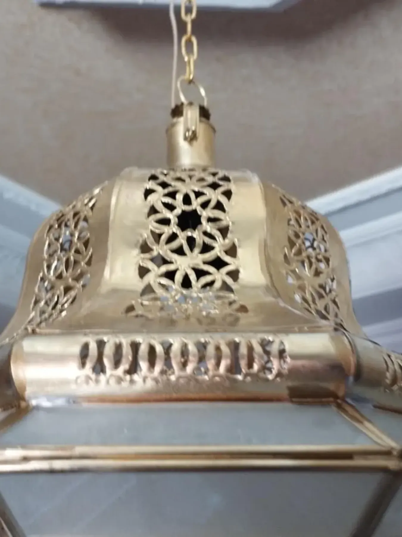Handmade Moroccan Brass Pendant Light with Frosted Glass