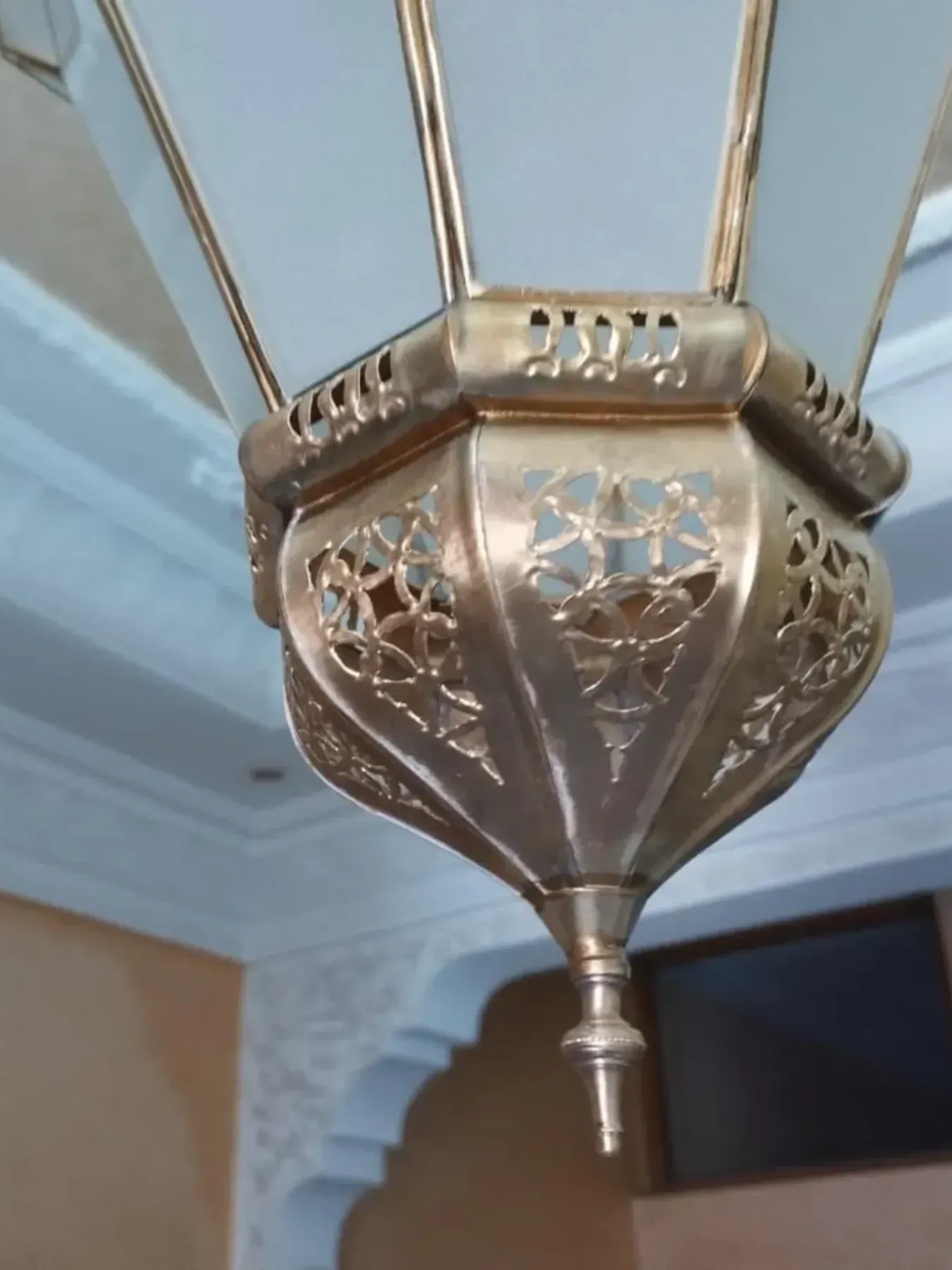 Handmade Moroccan Brass Pendant Light with Frosted Glass