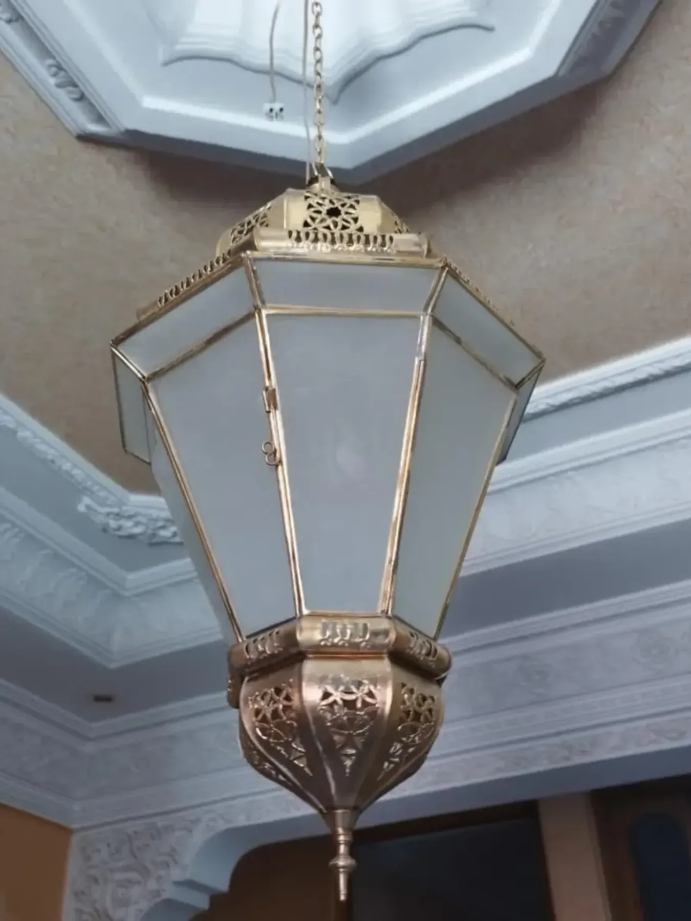 Handmade Moroccan Brass Pendant Light with Frosted Glass