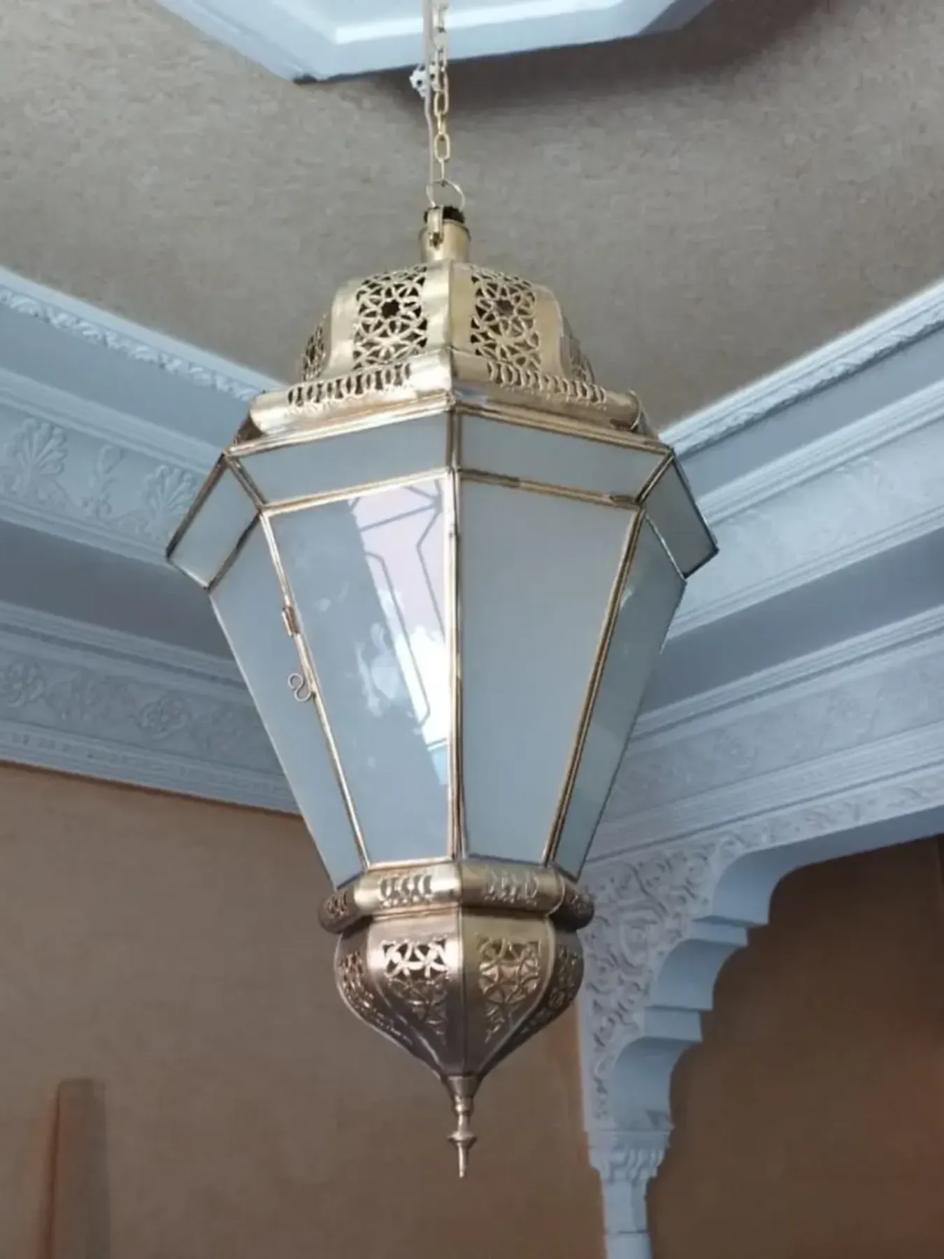 Handmade Moroccan Brass Pendant Light with Frosted Glass