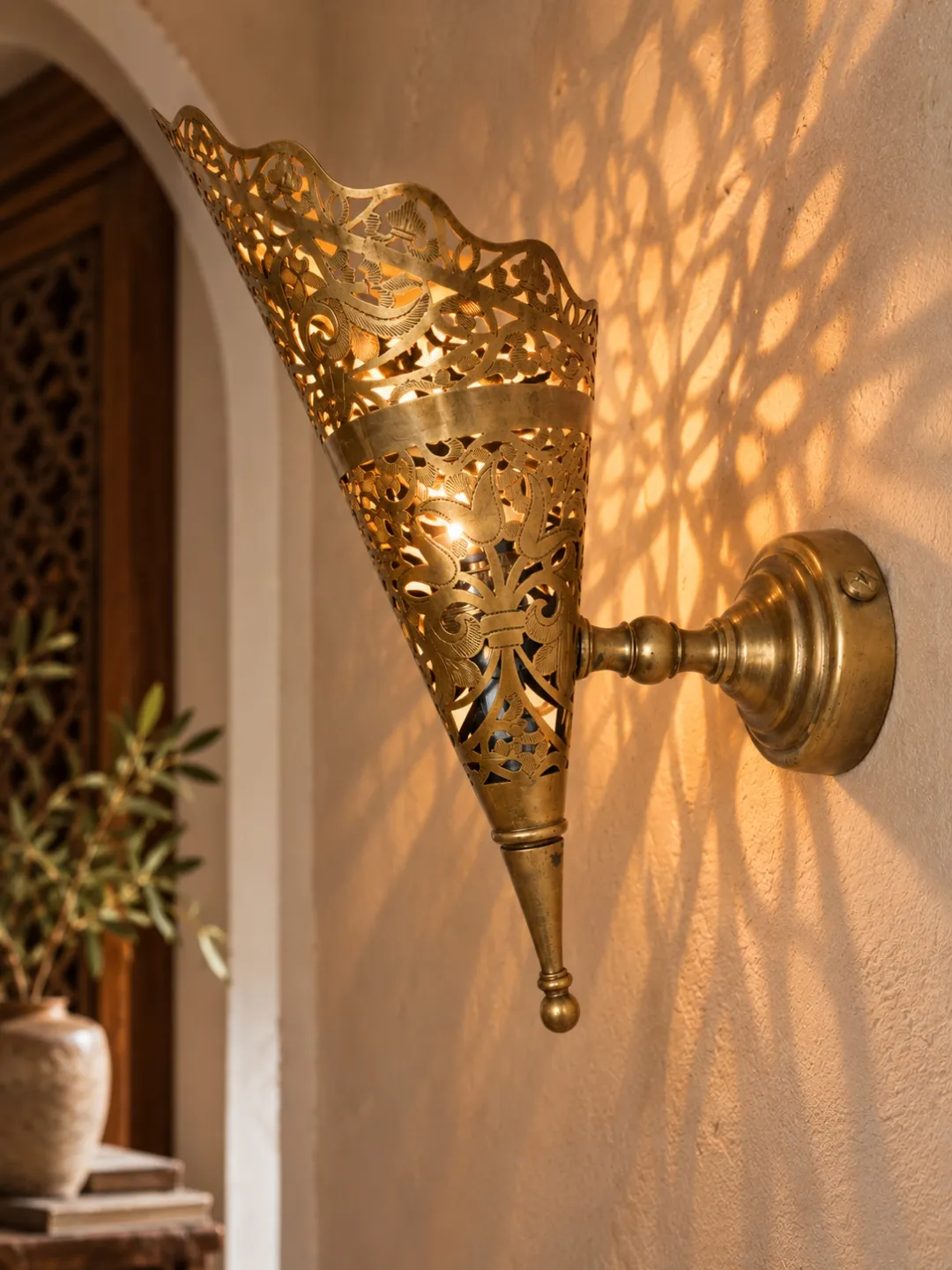 Handmade Moroccan Brass Wall Sconce, Pierced Openwork by Mehdi Ba.