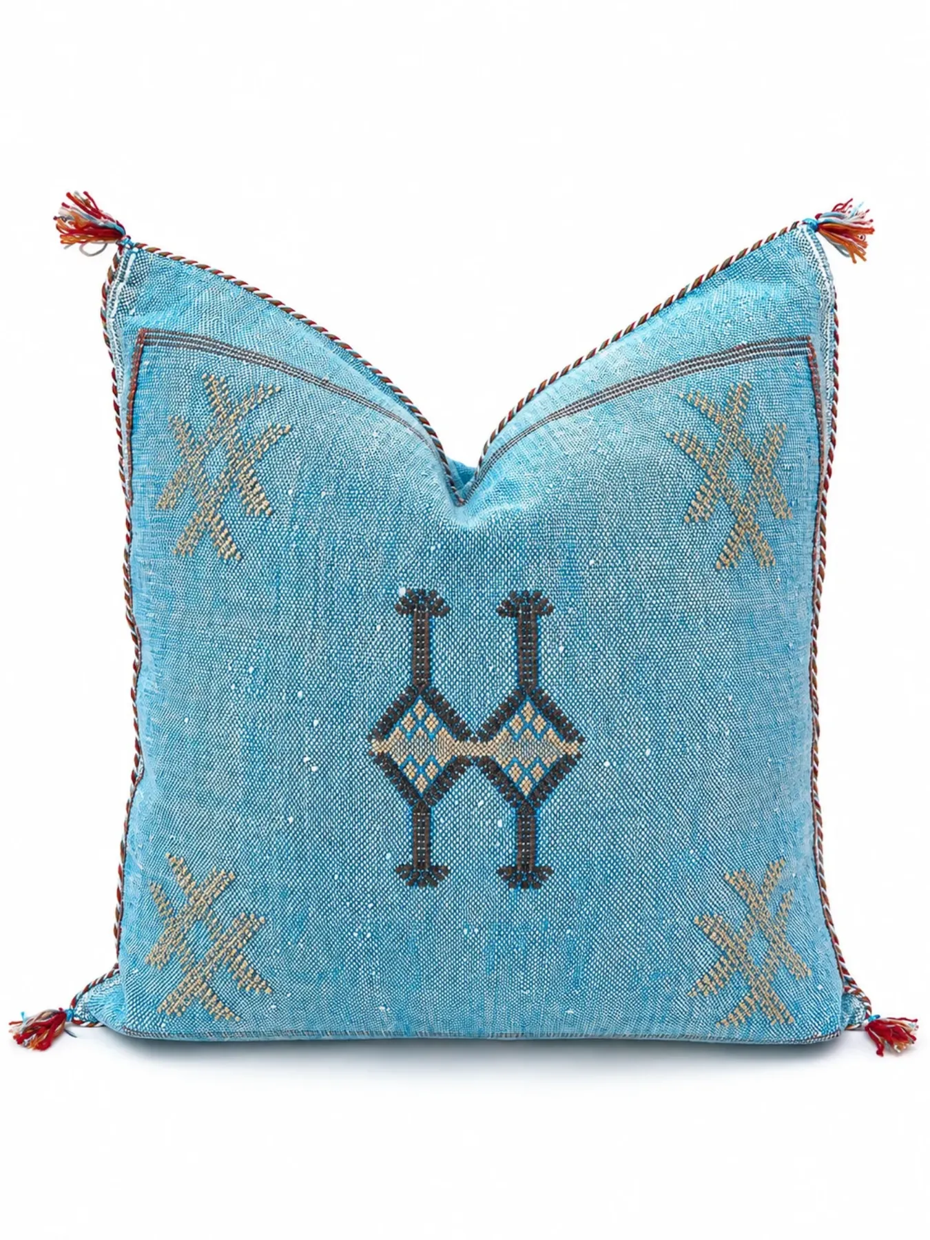 Handwoven Cactus Silk Pillow Cover, Blue Moroccan Textile with Amazigh-Inspired Motifs
