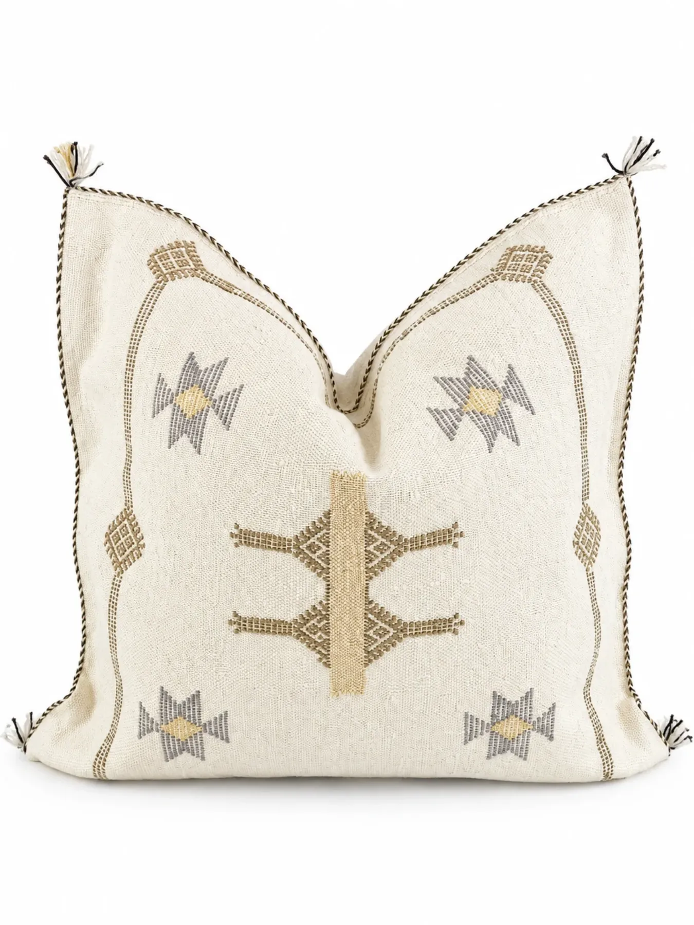 Handwoven Ivory Sabra Cactus Silk Pillow Cover, Moroccan Amazigh Textile Cushion, 18x18"