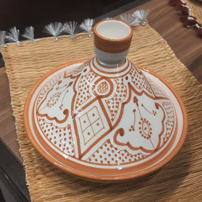 Handmade Moroccan Ceramic Tagine Set – 23 cm Orange Decorative Tagine – Moroccan Dining Table Decor & Gift