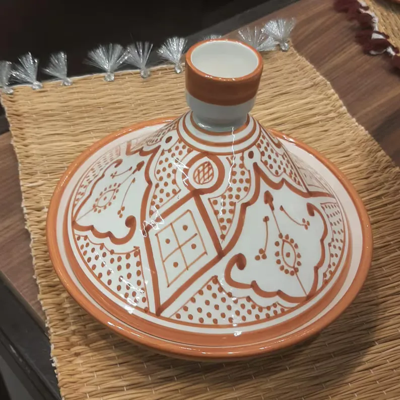 Handmade Moroccan Ceramic Tagine Set – 23 cm Orange Decorative Tagine – Moroccan Dining Table Decor & Gift