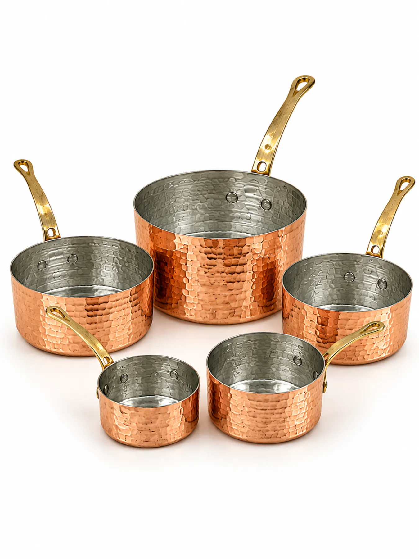 Handcrafted Moroccan Copper Cookware Set, Five-Piece Hammered Copper Pots from Marrakech