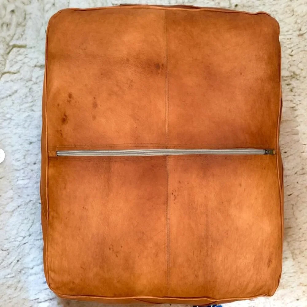 Handmade Moroccan Leather Pouf Ottoman - Unstuffed — view 3