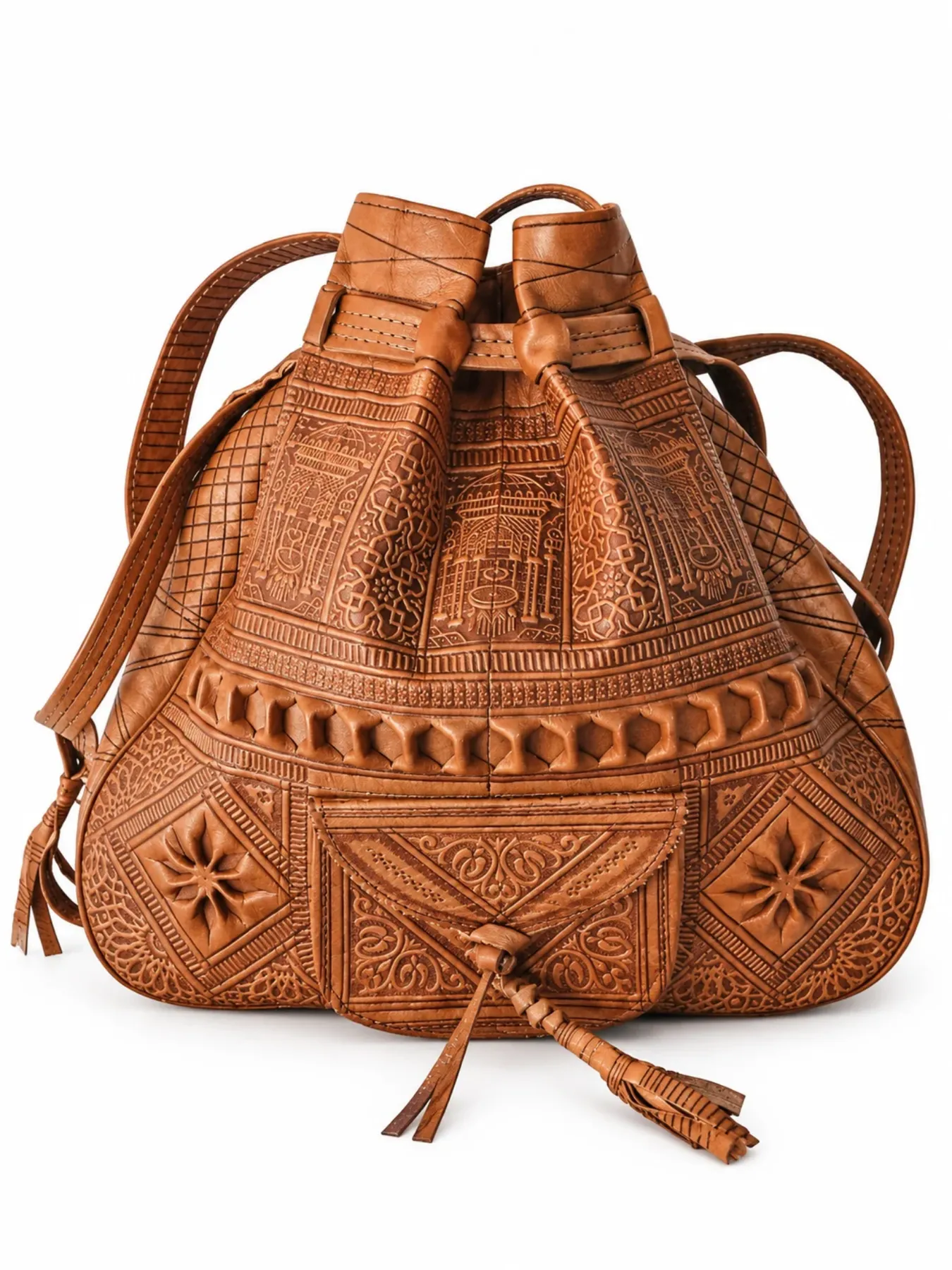 Handcrafted Moroccan Leather Bucket Bag, Embossed Fes Leather Shoulder Bag