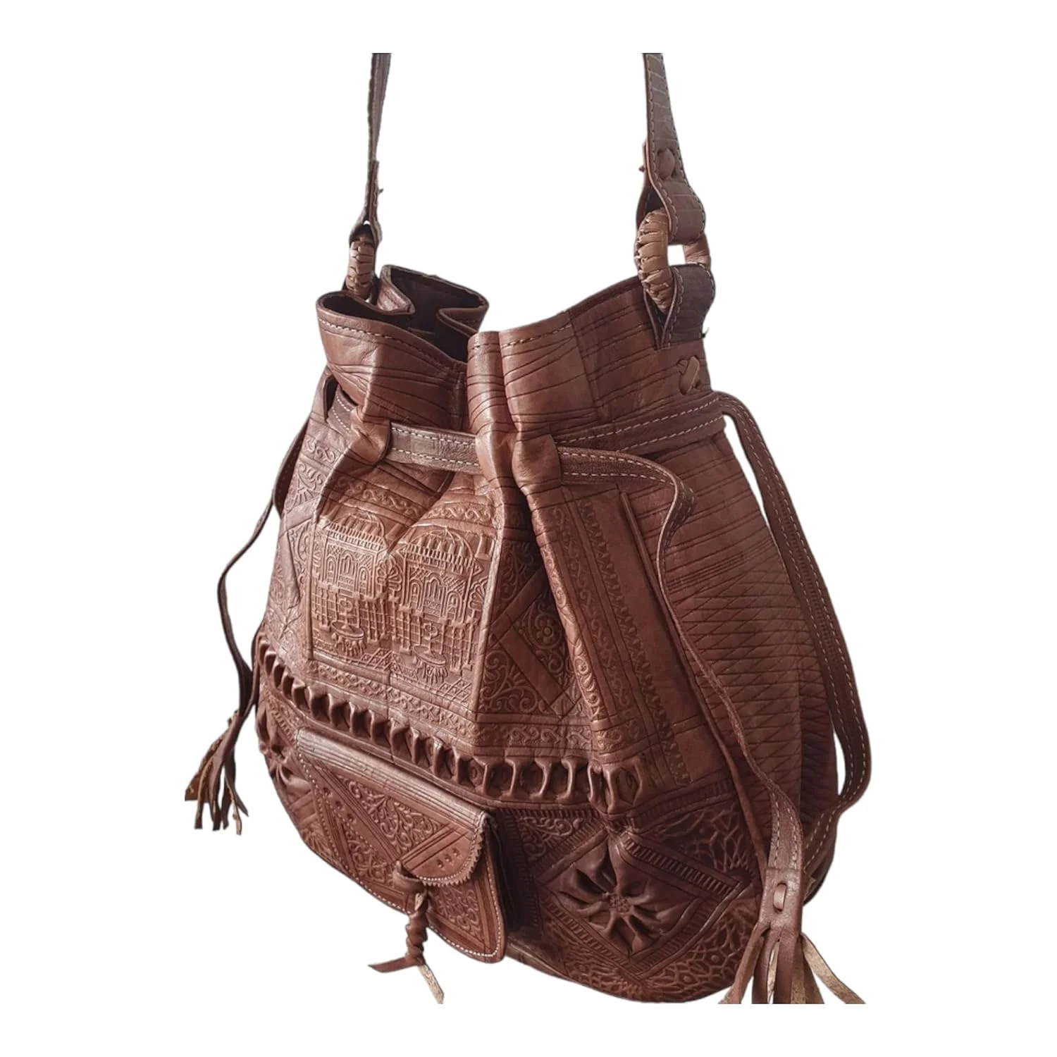 Handmade Moroccan Leather Shoulder Bag - Boho Bucket Crossbody Purse — view 9