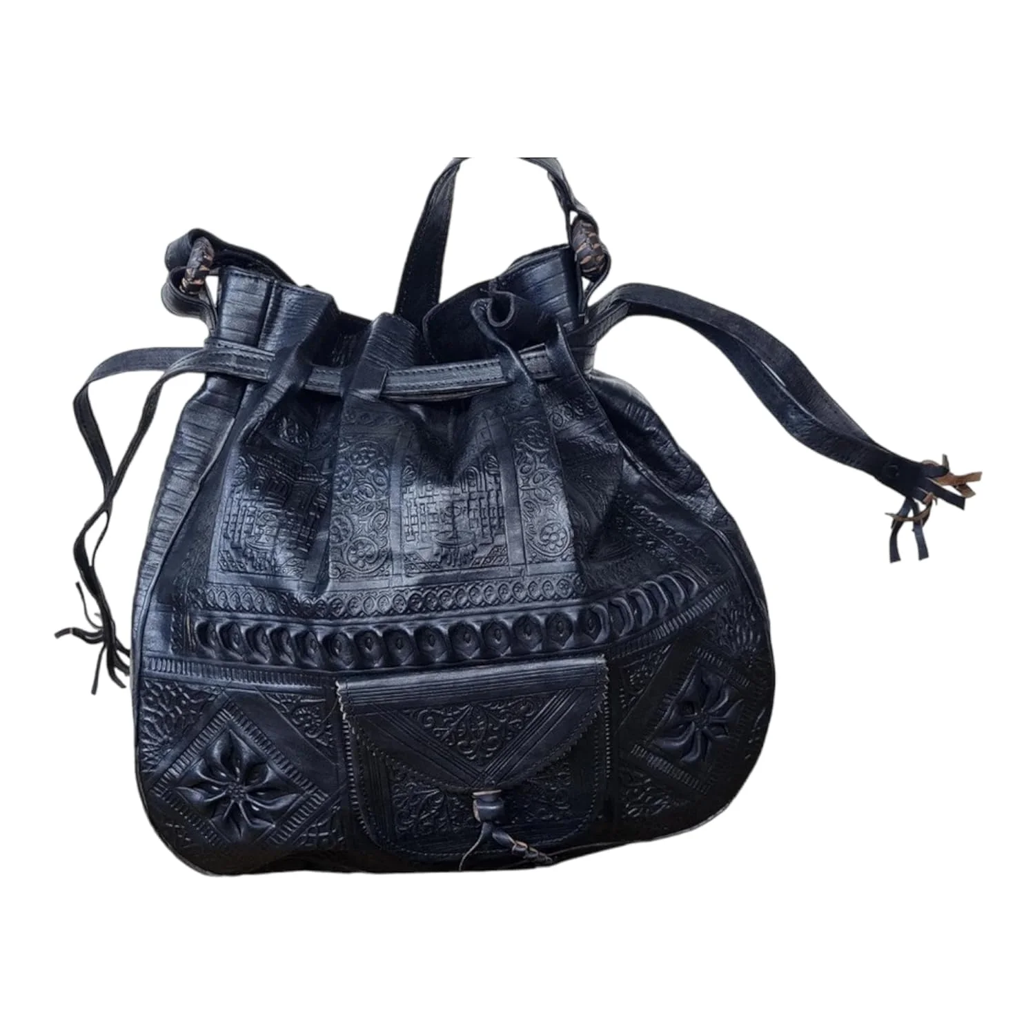 Handmade Moroccan Leather Shoulder Bag - Boho Bucket Crossbody Purse — view 11