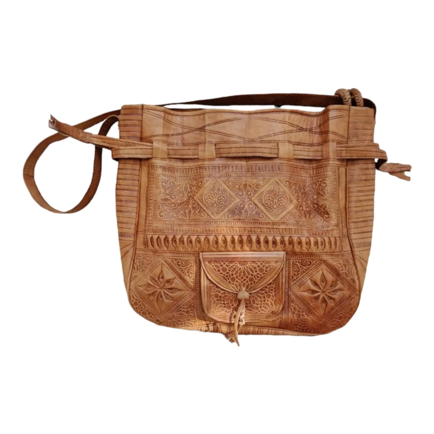 Handmade Moroccan Leather Shoulder Bag - Boho Bucket Crossbody Purse — view 5
