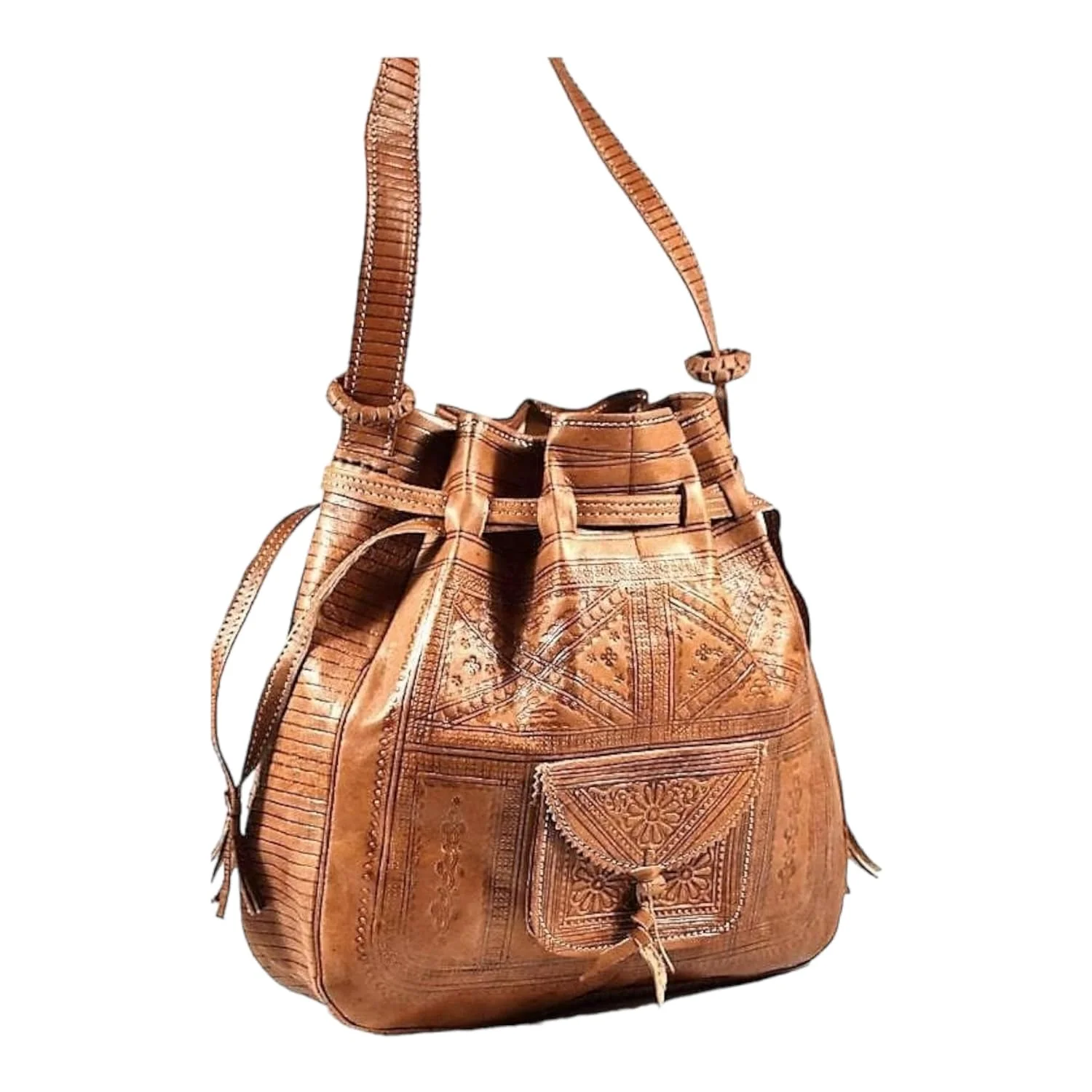 Handmade Moroccan Leather Shoulder Bag - Boho Bucket Crossbody Purse — view 8
