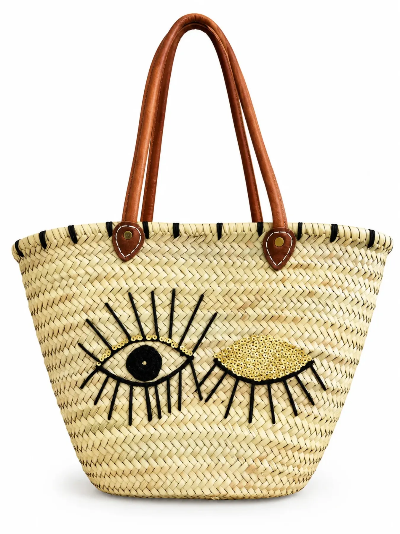 Handwoven Moroccan Raffia Basket with Leather Handles, Marrakech Palm Leaf Basket with Eye Detail
