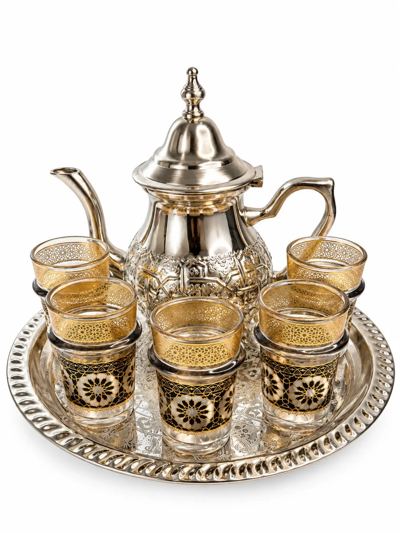 Handcrafted Fès Silver Tea Set, Moroccan Tea Service with Gold-Trimmed Glasses