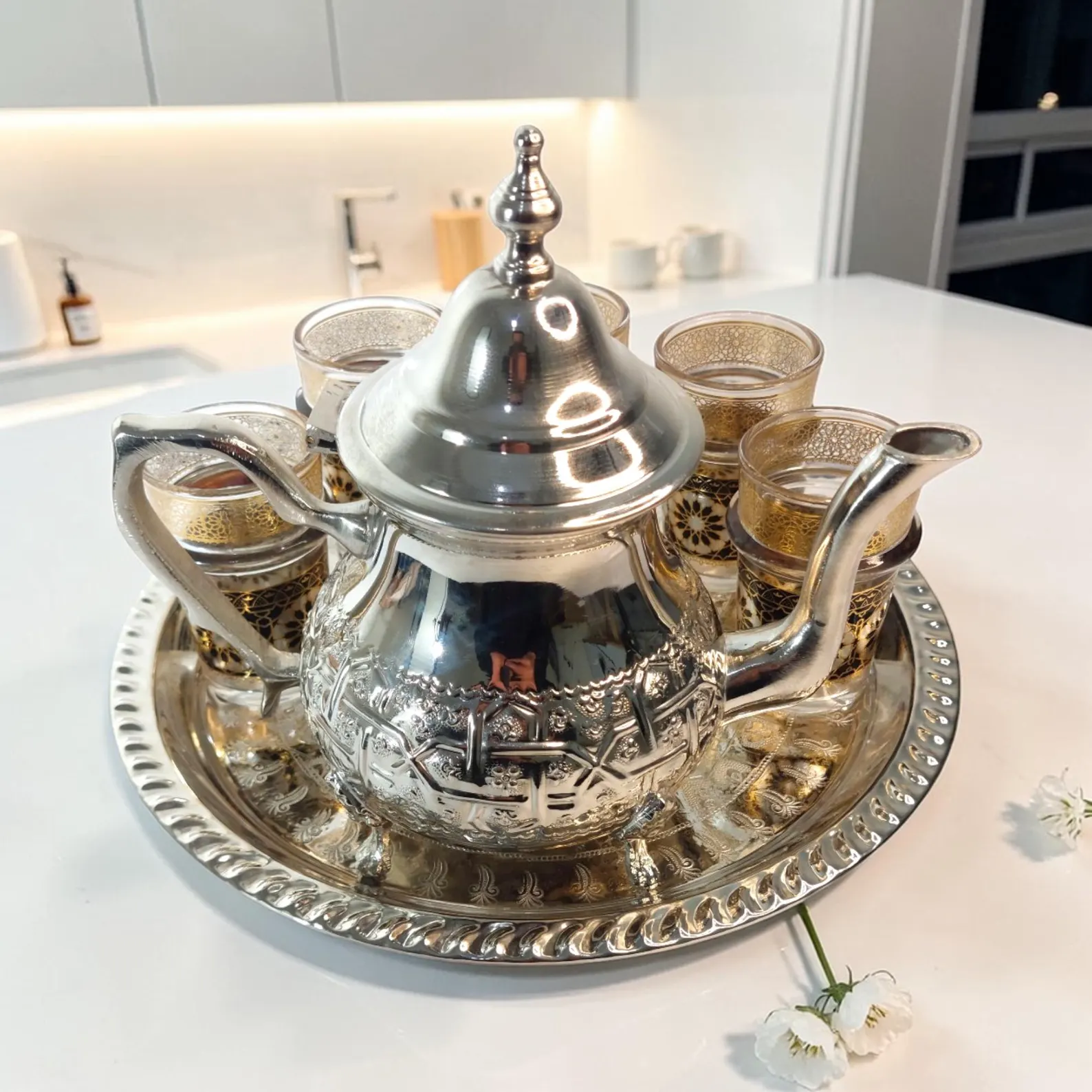 Fès Silver Filigree Tea Set with Gold-Trimmed Glasses — view 14