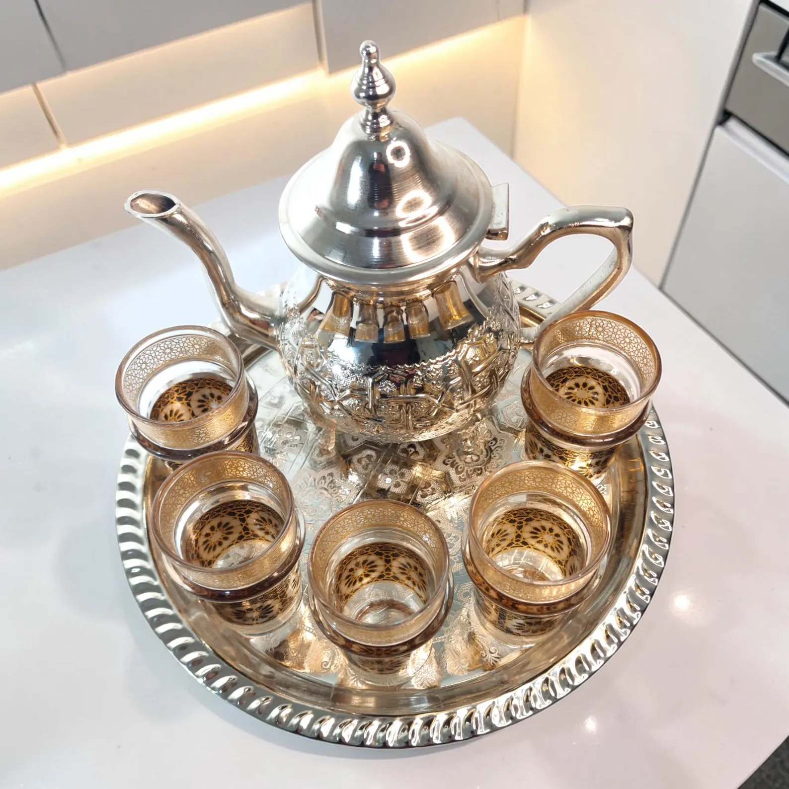 Fès Silver Filigree Tea Set with Gold-Trimmed Glasses — view 16
