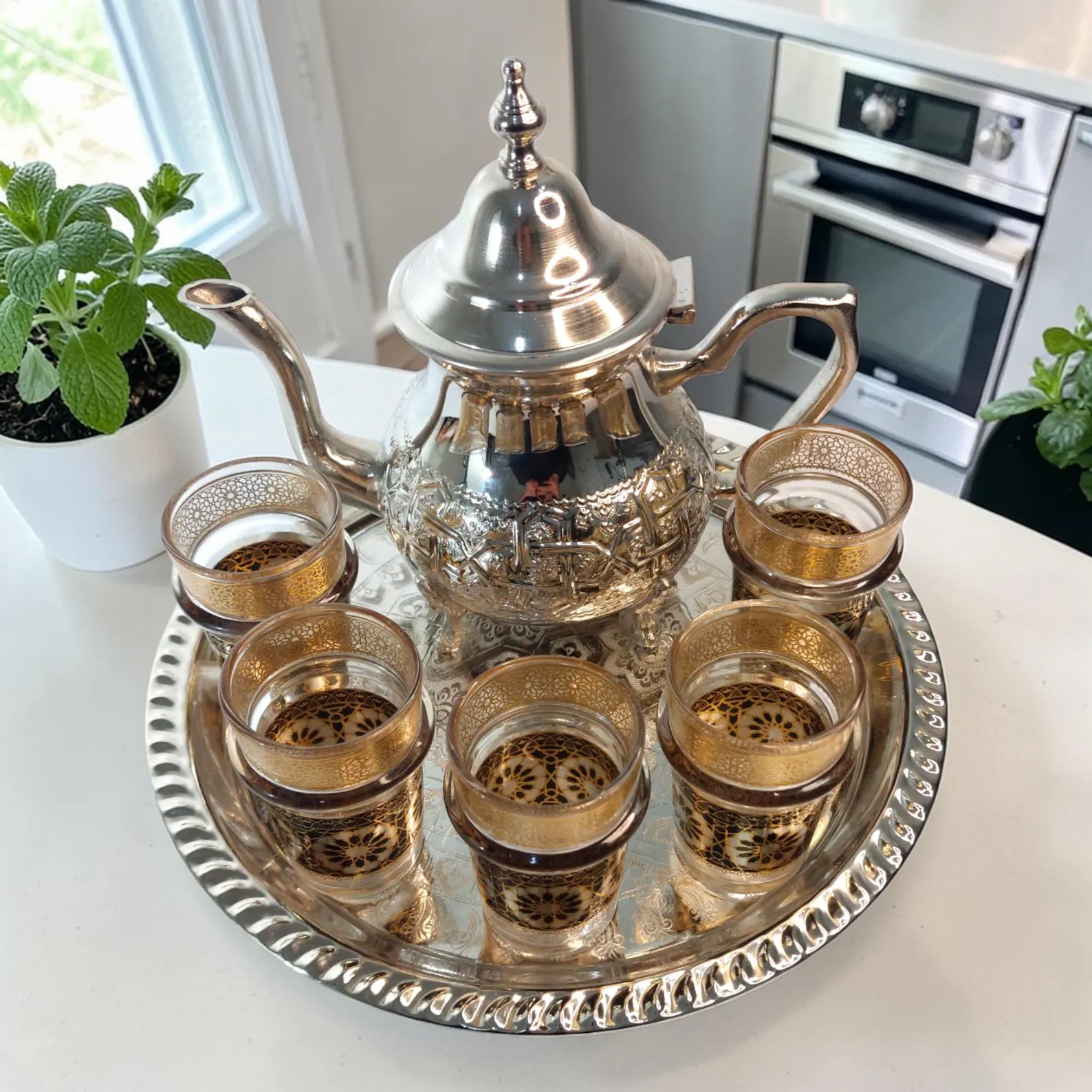Fès Silver Filigree Tea Set with Gold-Trimmed Glasses — view 15
