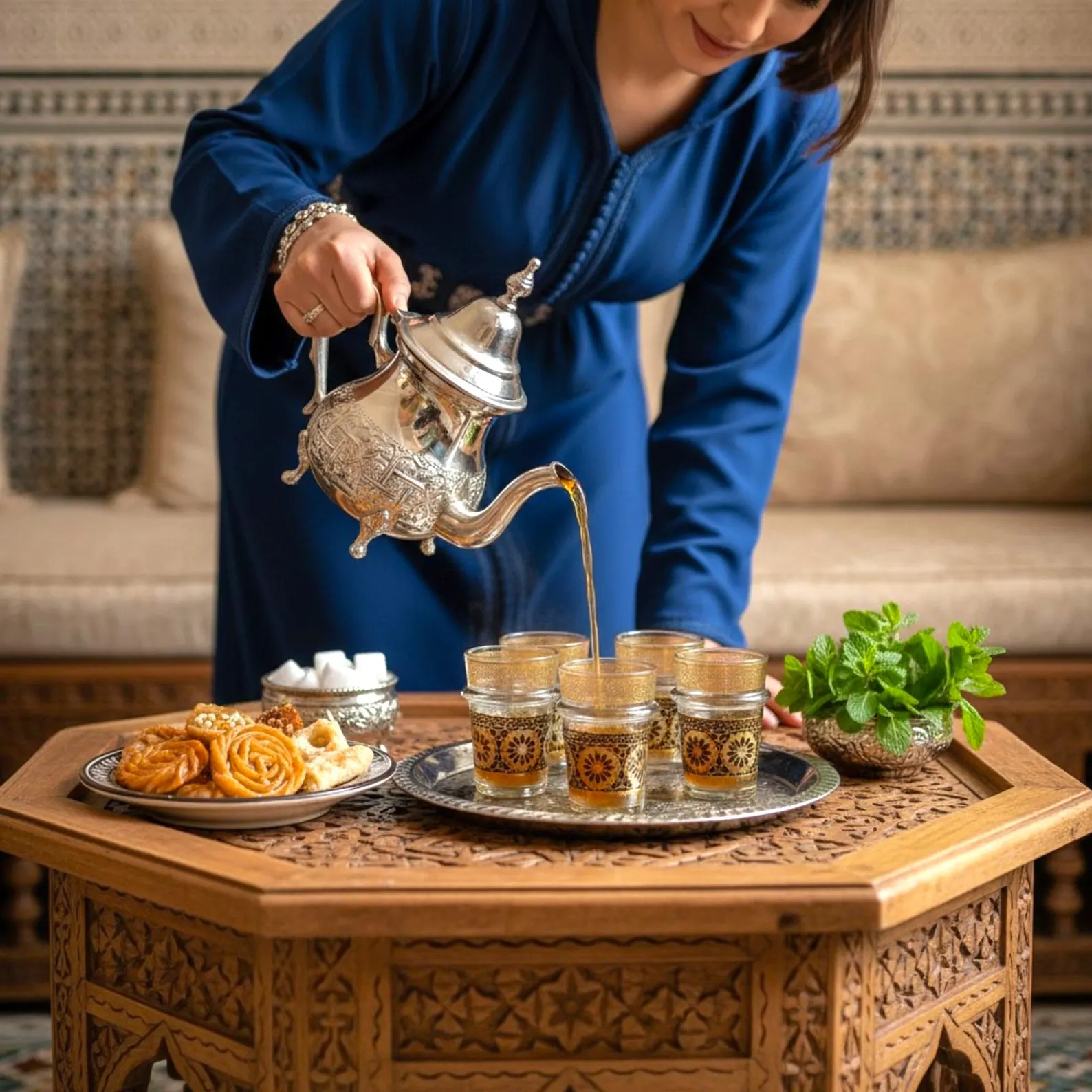 Fès Silver Filigree Tea Set with Gold-Trimmed Glasses — view 9