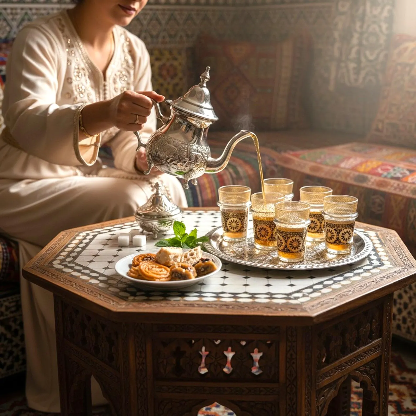 Fès Silver Filigree Tea Set with Gold-Trimmed Glasses — view 11