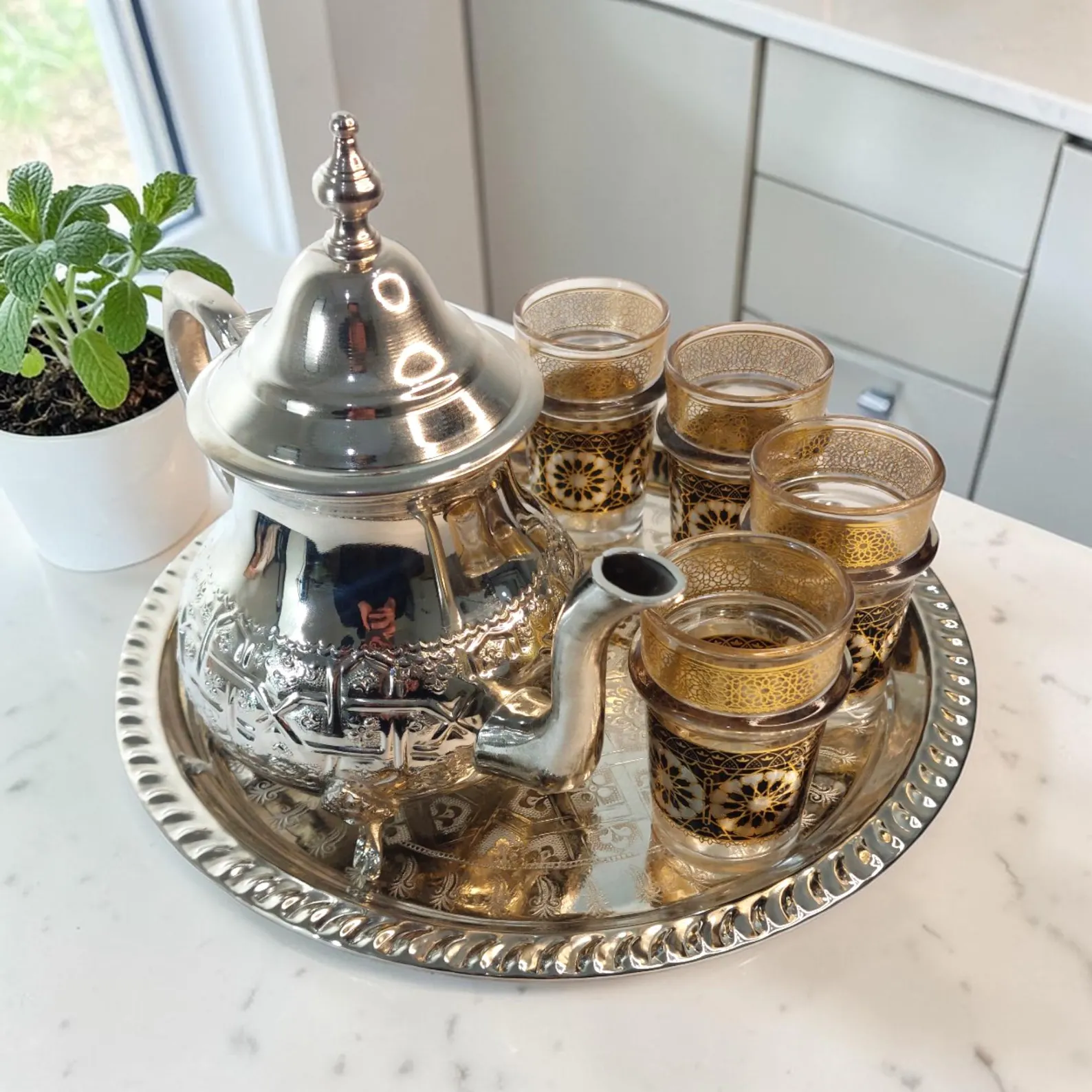 Fès Silver Filigree Tea Set with Gold-Trimmed Glasses — view 2