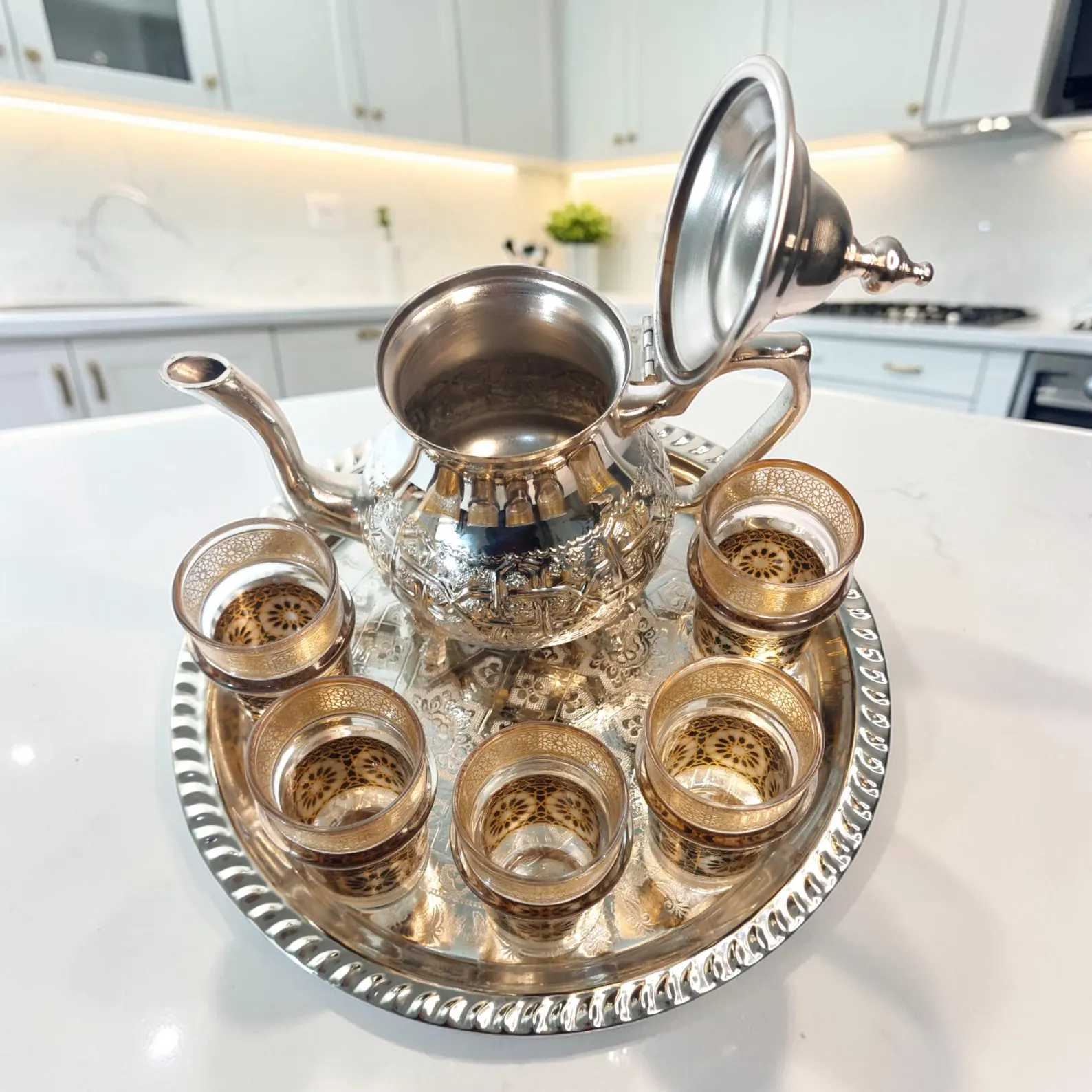 Fès Silver Filigree Tea Set with Gold-Trimmed Glasses — view 6