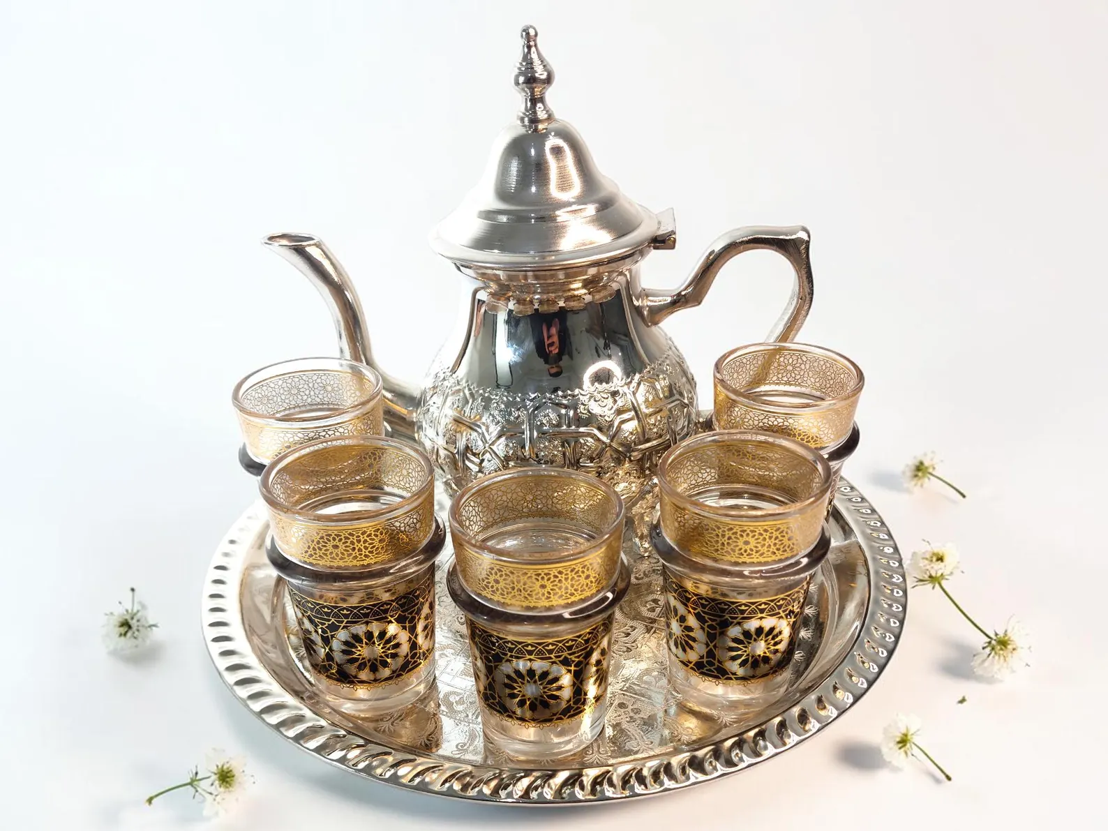 Fès Silver Filigree Tea Set with Gold-Trimmed Glasses — view 8